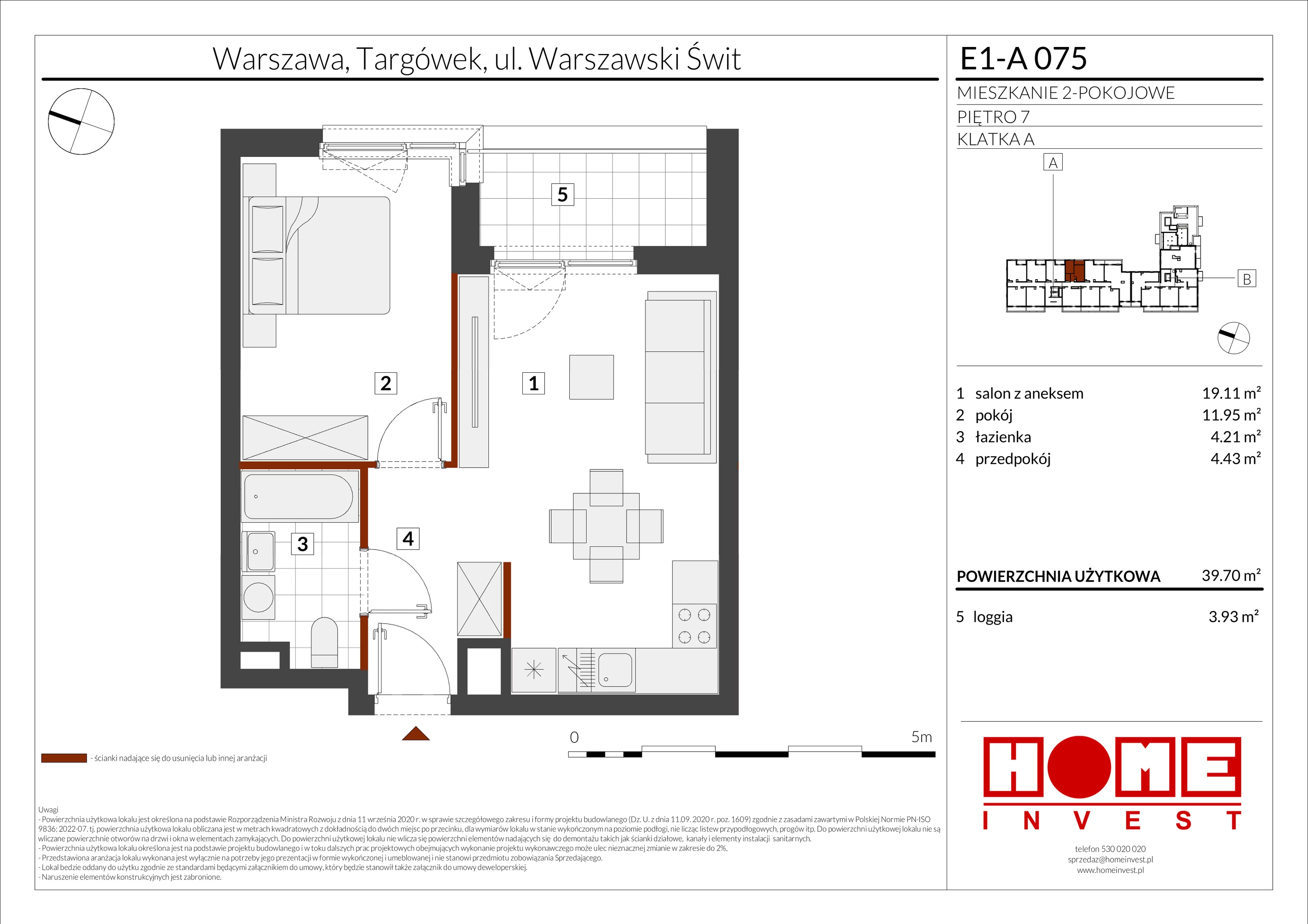 2 pokoje, mieszkanie 39,70 m², piętro 7, oferta nr E1-A075, Warszawski Świt Etap X, Warszawa, Targówek, Bródno, ul. Warszawski Świt