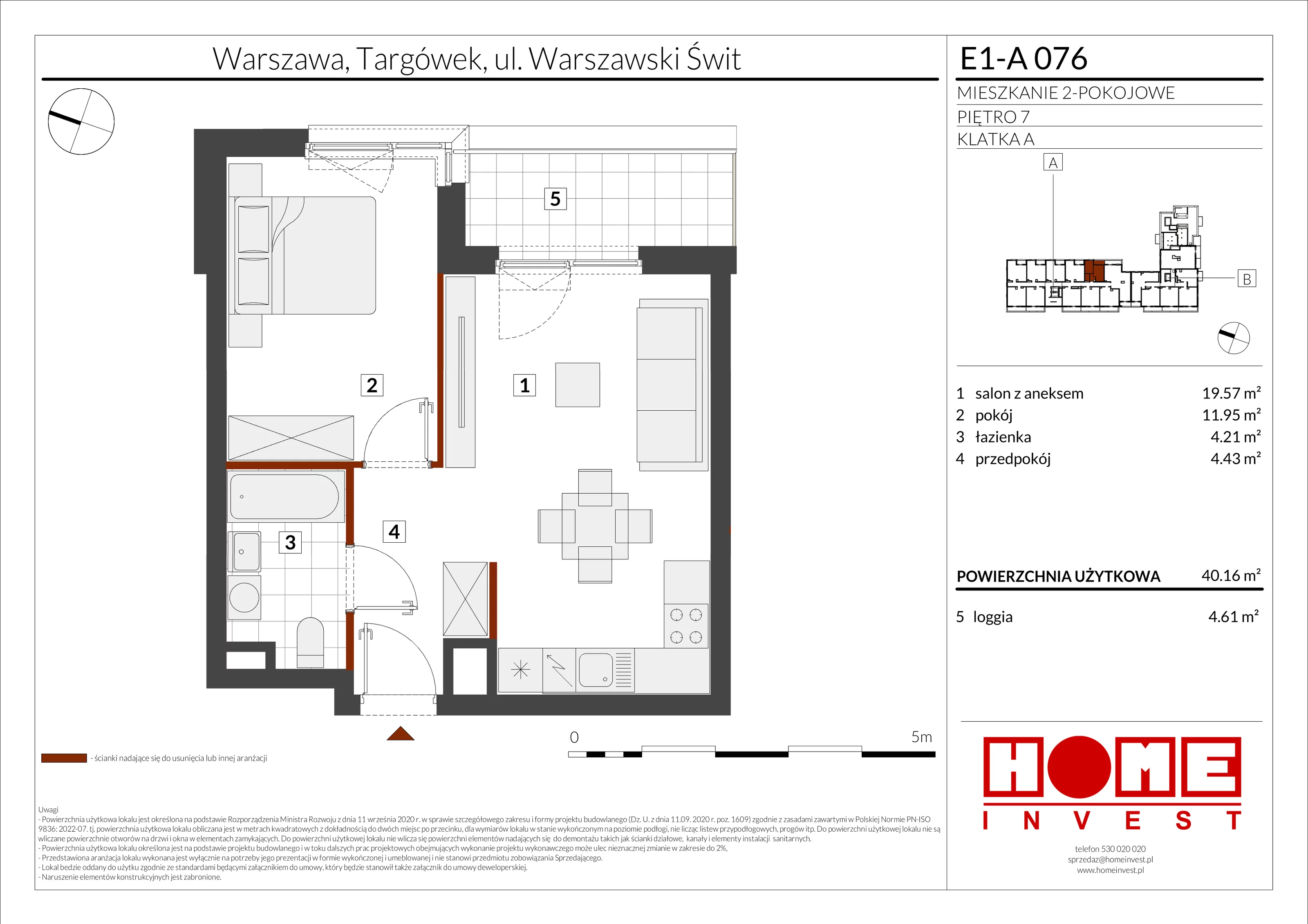 2 pokoje, mieszkanie 40,16 m², piętro 7, oferta nr E1-A076, Warszawski Świt Etap X, Warszawa, Targówek, Bródno, ul. Warszawski Świt