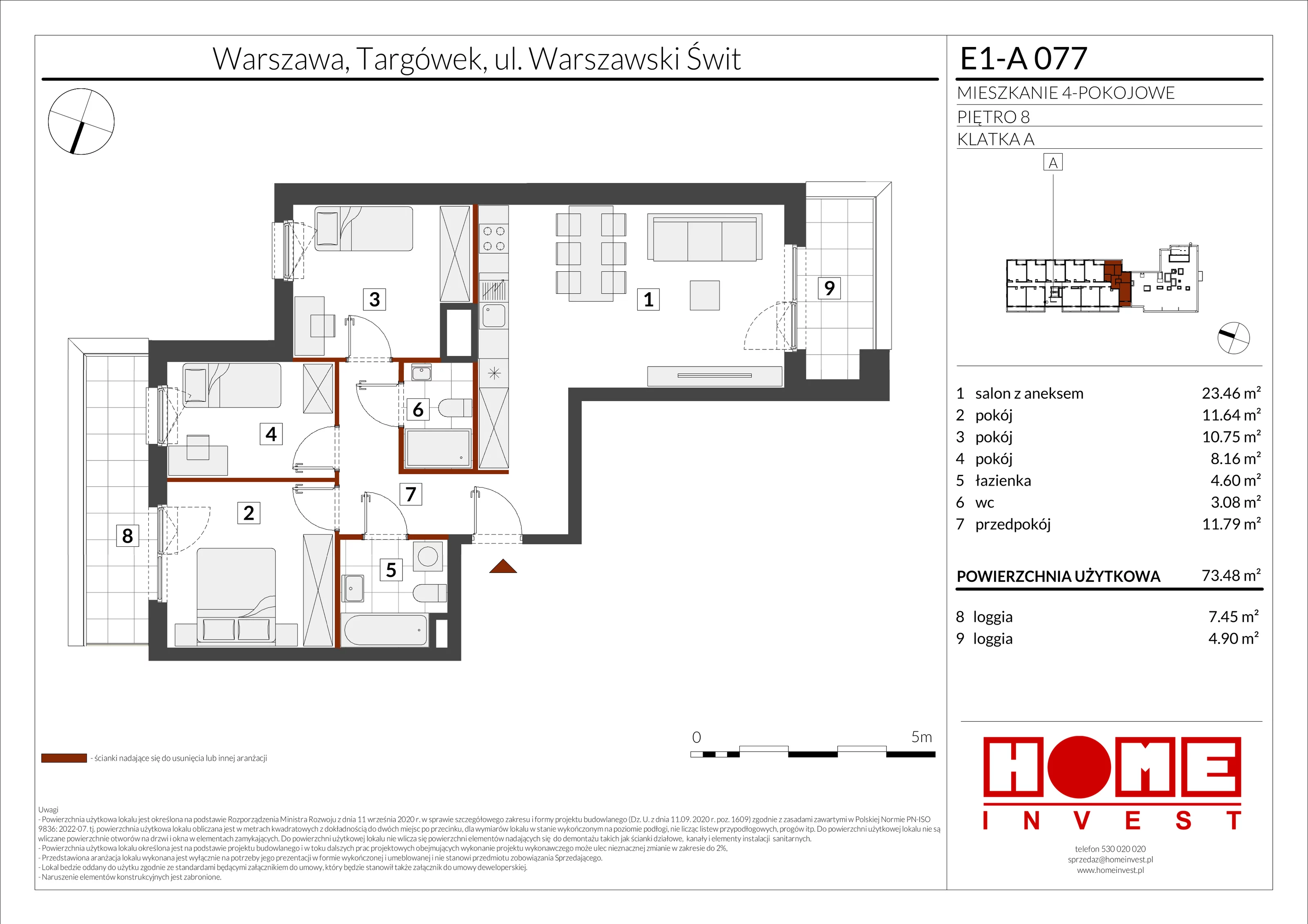 4 pokoje, mieszkanie 73,48 m², piętro 8, oferta nr E1-A077, Warszawski Świt Etap X, Warszawa, Targówek, Bródno, ul. Warszawski Świt