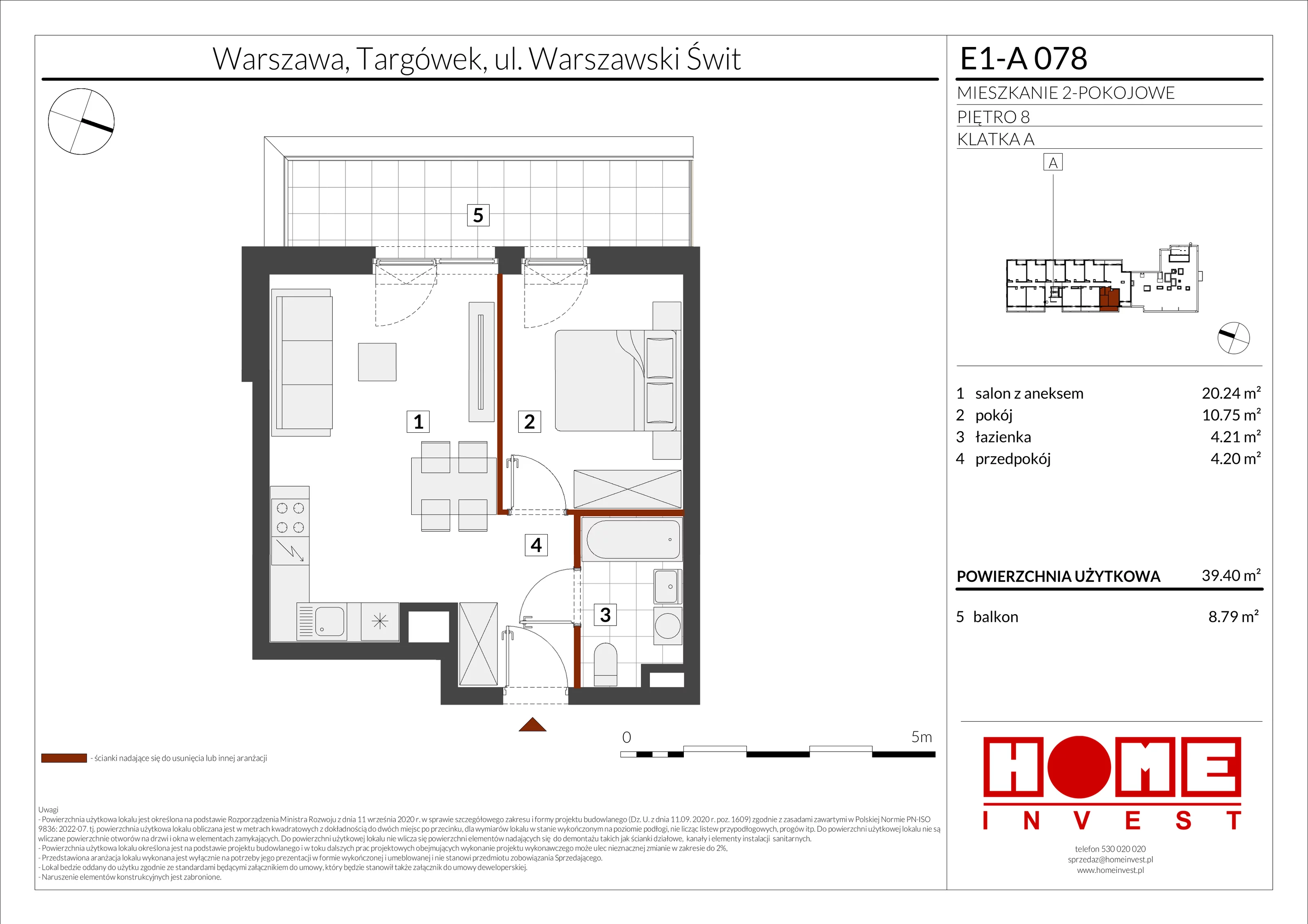 2 pokoje, mieszkanie 39,40 m², piętro 8, oferta nr E1-A078, Warszawski Świt Etap X, Warszawa, Targówek, Bródno, ul. Warszawski Świt