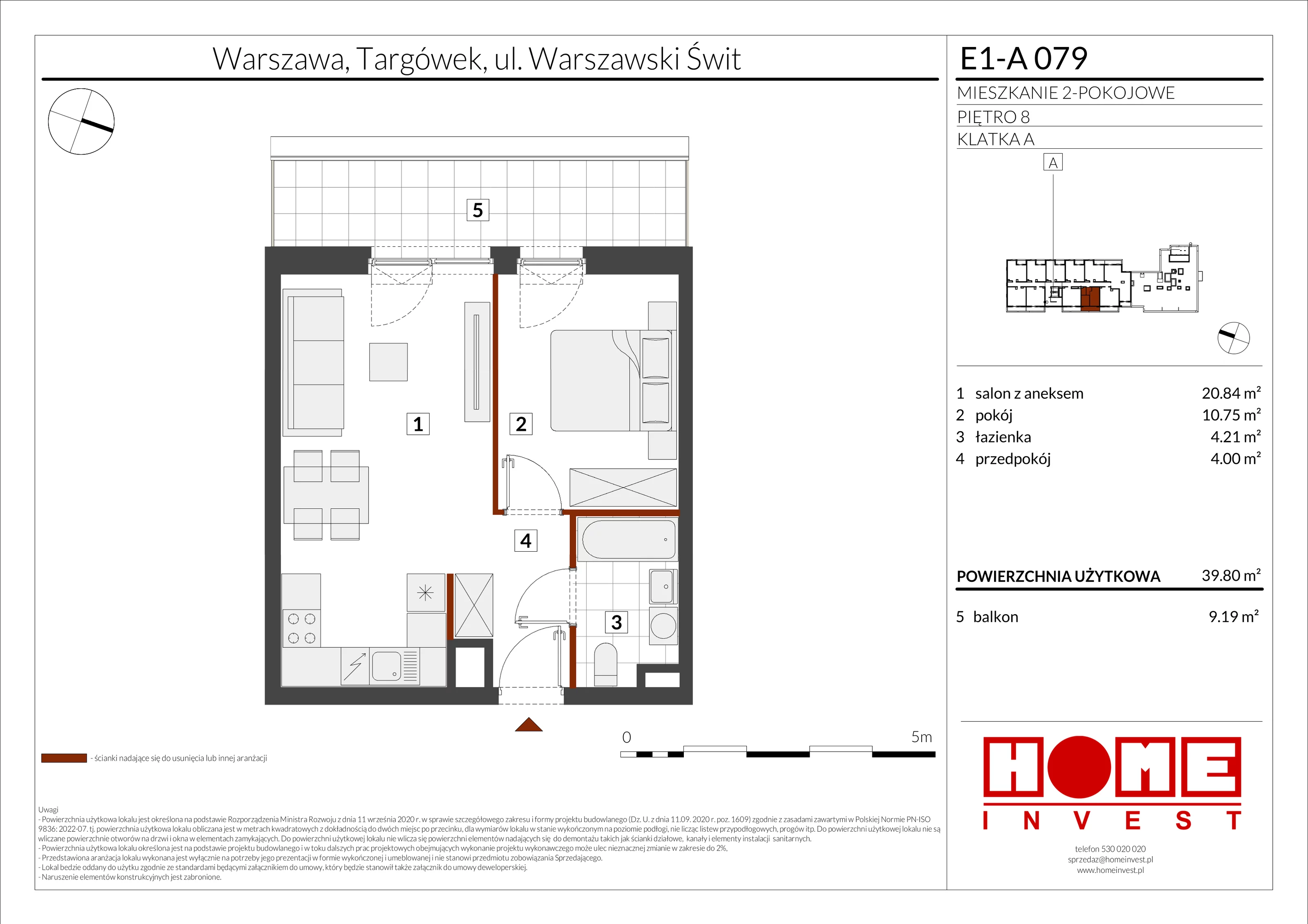 2 pokoje, mieszkanie 39,80 m², piętro 8, oferta nr E1-A079, Warszawski Świt Etap X, Warszawa, Targówek, Bródno, ul. Warszawski Świt