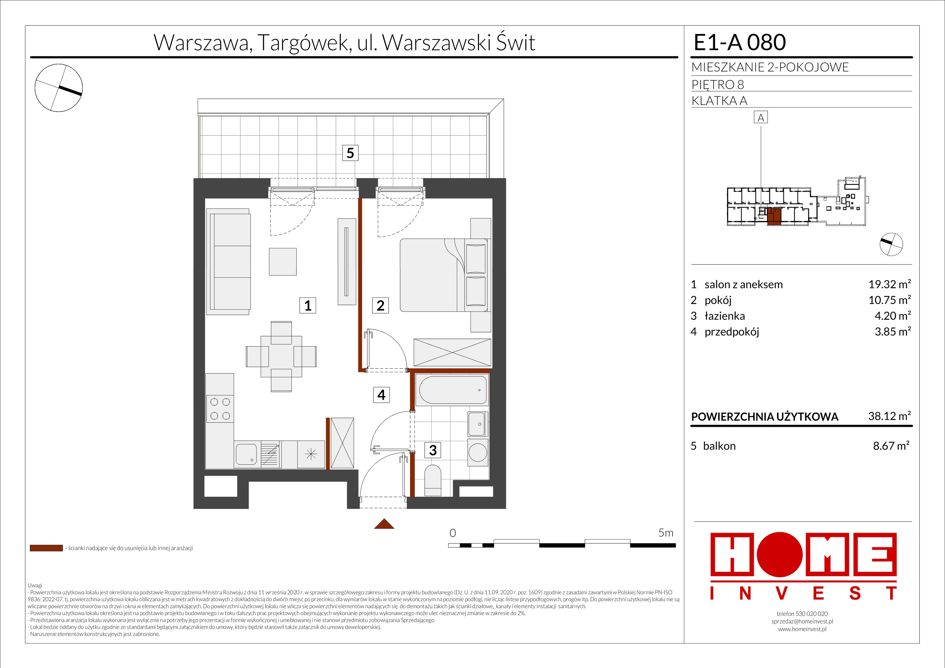 2 pokoje, mieszkanie 38,12 m², piętro 8, oferta nr E1-A080, Warszawski Świt Etap X, Warszawa, Targówek, Bródno, ul. Warszawski Świt