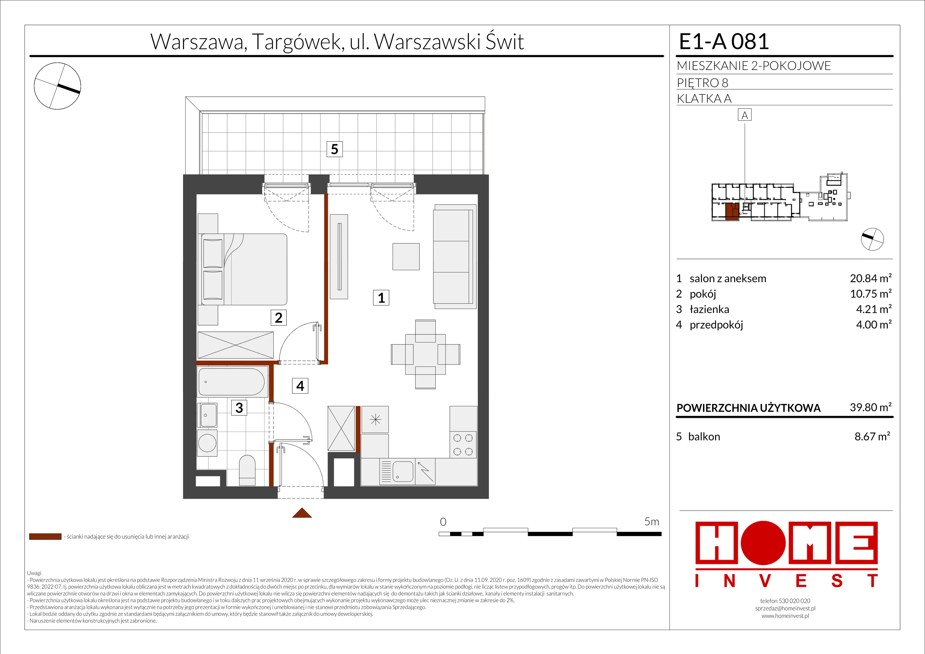 2 pokoje, mieszkanie 39,80 m², piętro 8, oferta nr E1-A081, Warszawski Świt Etap X, Warszawa, Targówek, Bródno, ul. Warszawski Świt