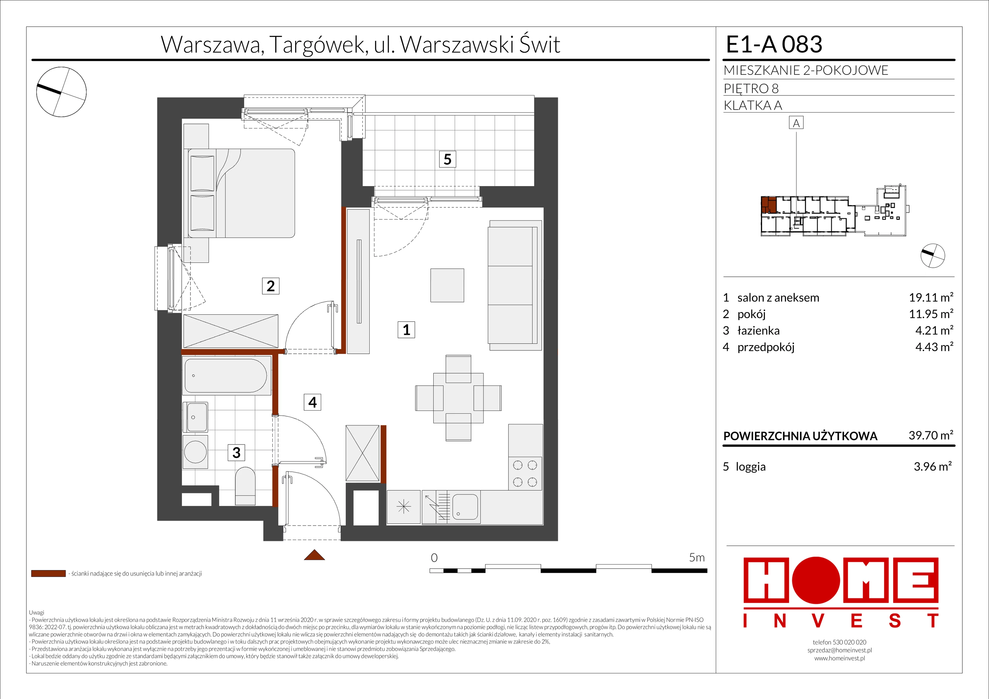 2 pokoje, mieszkanie 39,70 m², piętro 8, oferta nr E1-A083, Warszawski Świt Etap X, Warszawa, Targówek, Bródno, ul. Warszawski Świt