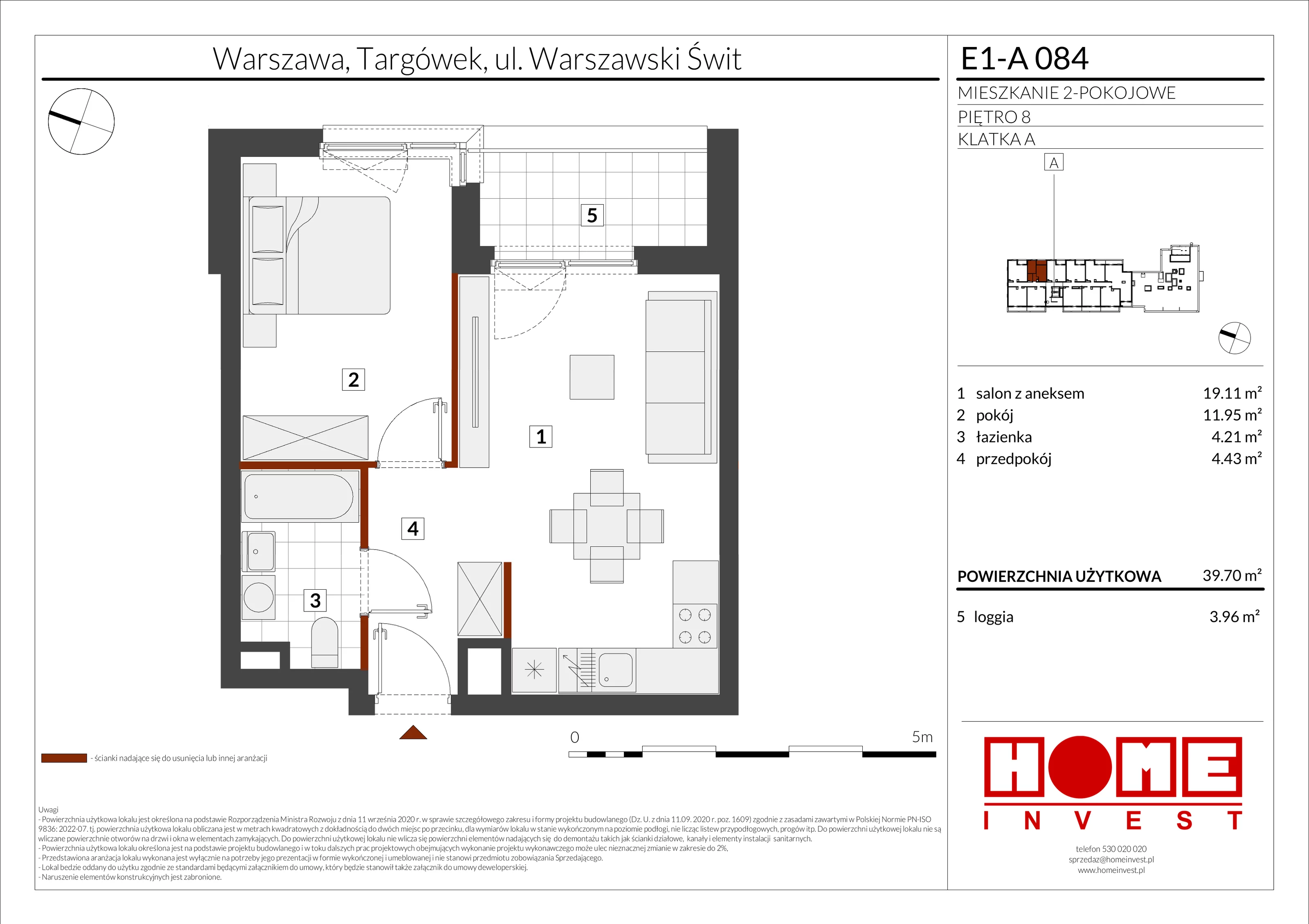 2 pokoje, mieszkanie 39,70 m², piętro 8, oferta nr E1-A084, Warszawski Świt Etap X, Warszawa, Targówek, Bródno, ul. Warszawski Świt