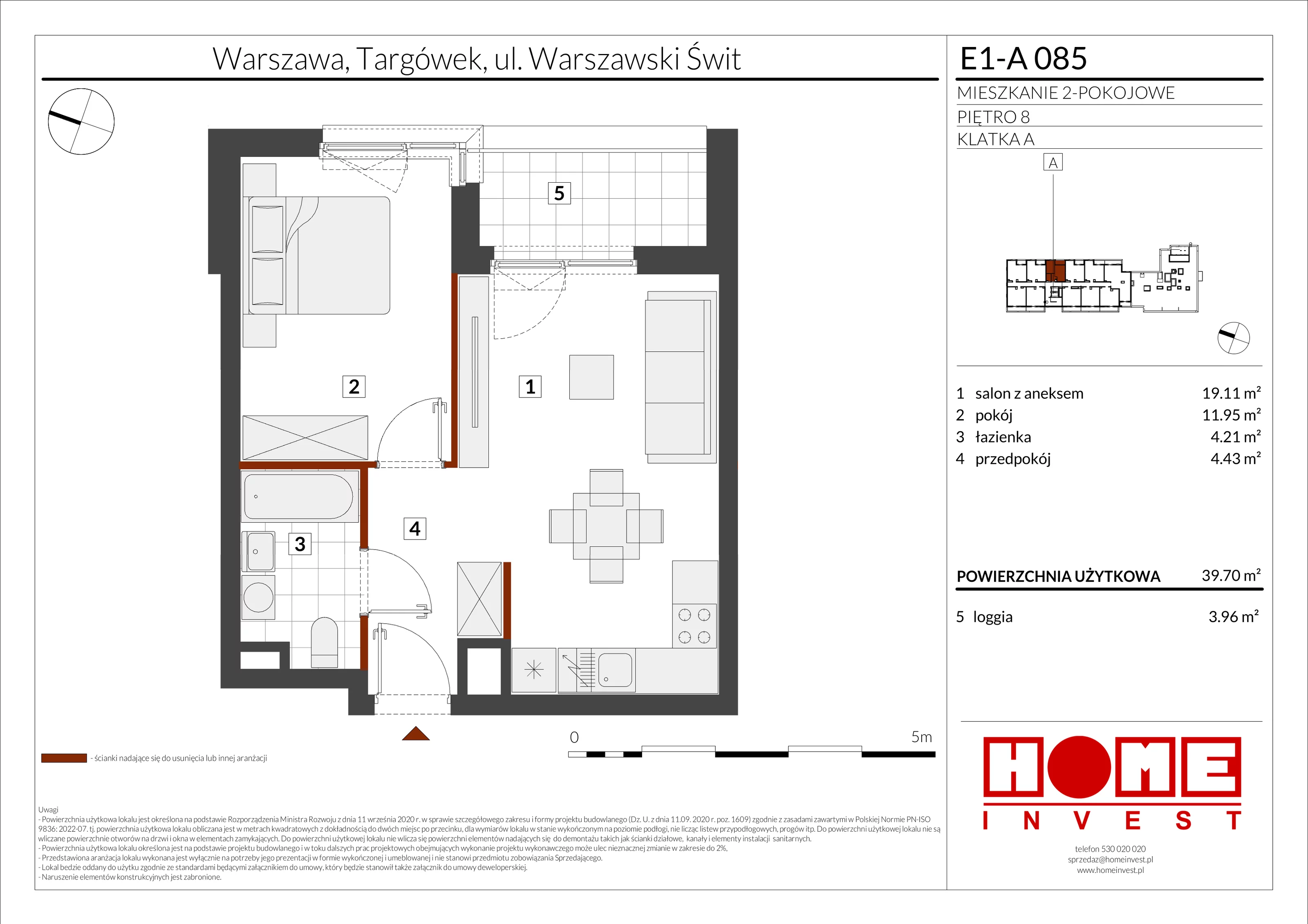 2 pokoje, mieszkanie 39,70 m², piętro 8, oferta nr E1-A085, Warszawski Świt Etap X, Warszawa, Targówek, Bródno, ul. Warszawski Świt