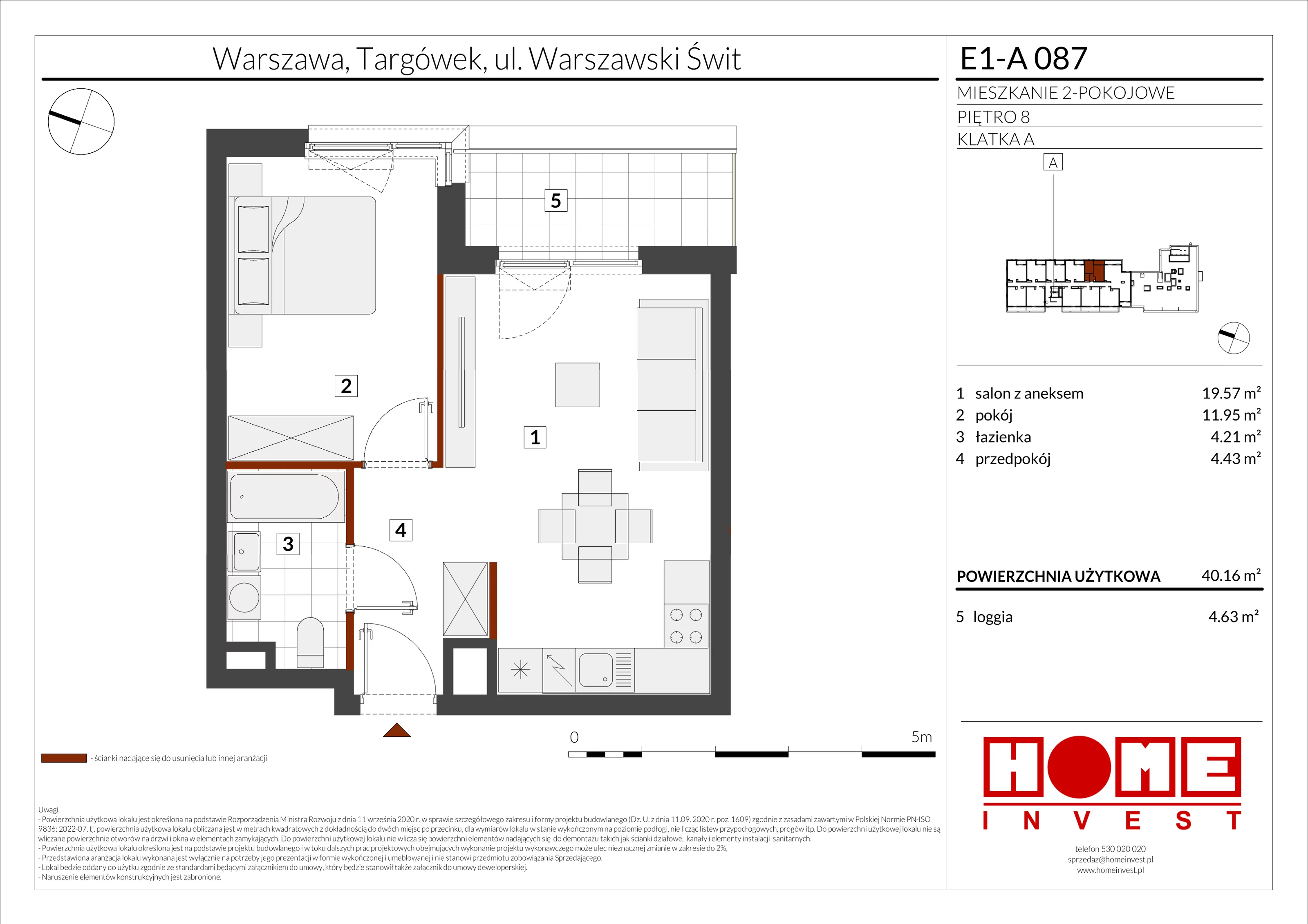 2 pokoje, mieszkanie 40,16 m², piętro 8, oferta nr E1-A087, Warszawski Świt Etap X, Warszawa, Targówek, Bródno, ul. Warszawski Świt