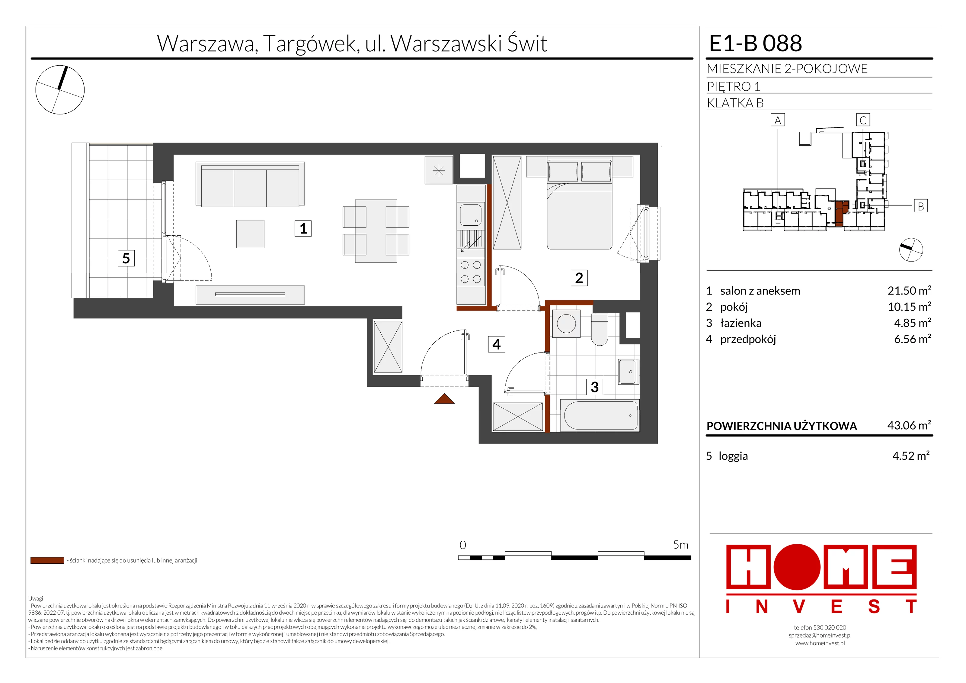 2 pokoje, mieszkanie 43,06 m², piętro 1, oferta nr E1-B088, Warszawski Świt Etap X, Warszawa, Targówek, Bródno, ul. Warszawski Świt