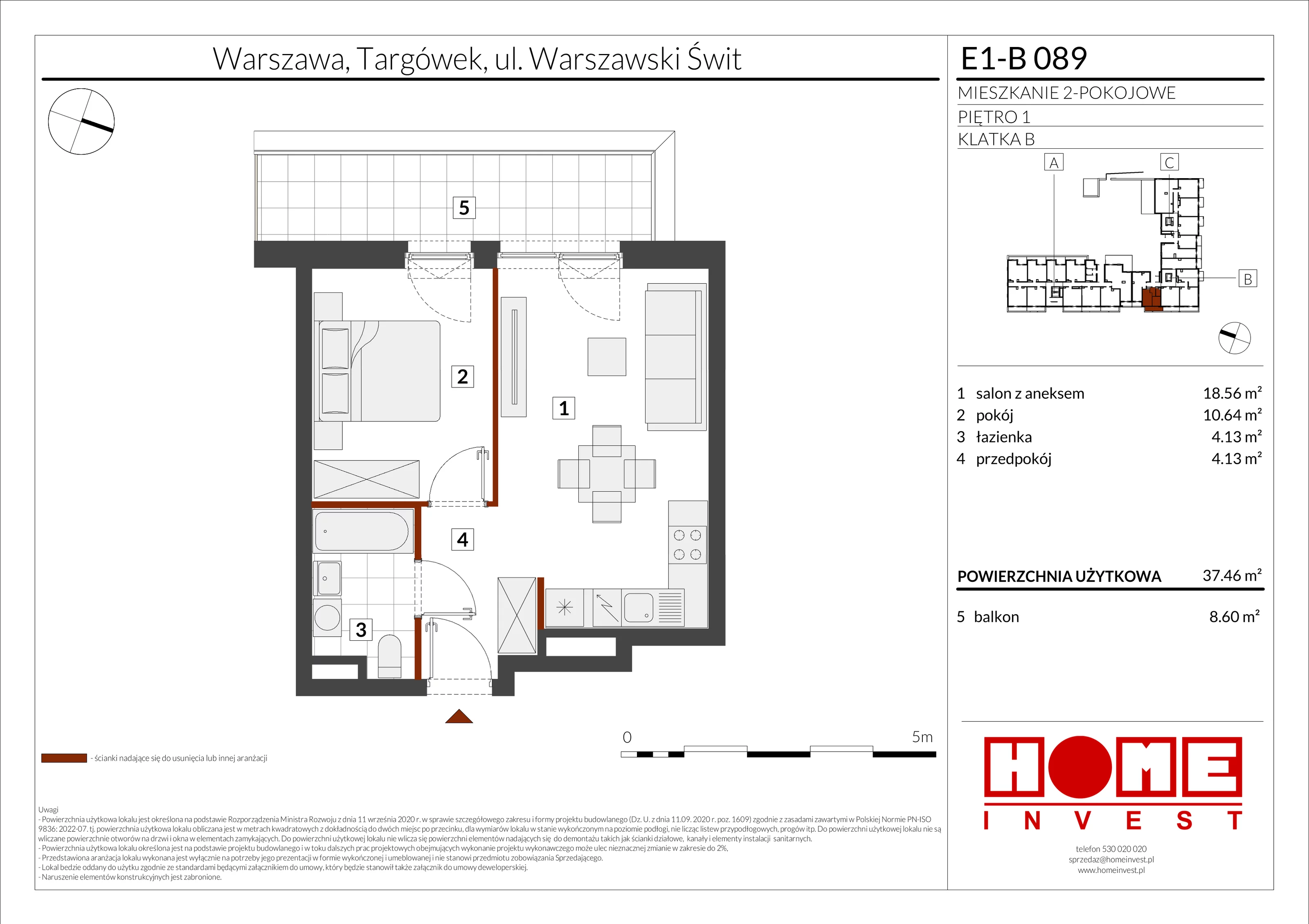 2 pokoje, mieszkanie 37,46 m², piętro 1, oferta nr E1-B089, Warszawski Świt Etap X, Warszawa, Targówek, Bródno, ul. Warszawski Świt