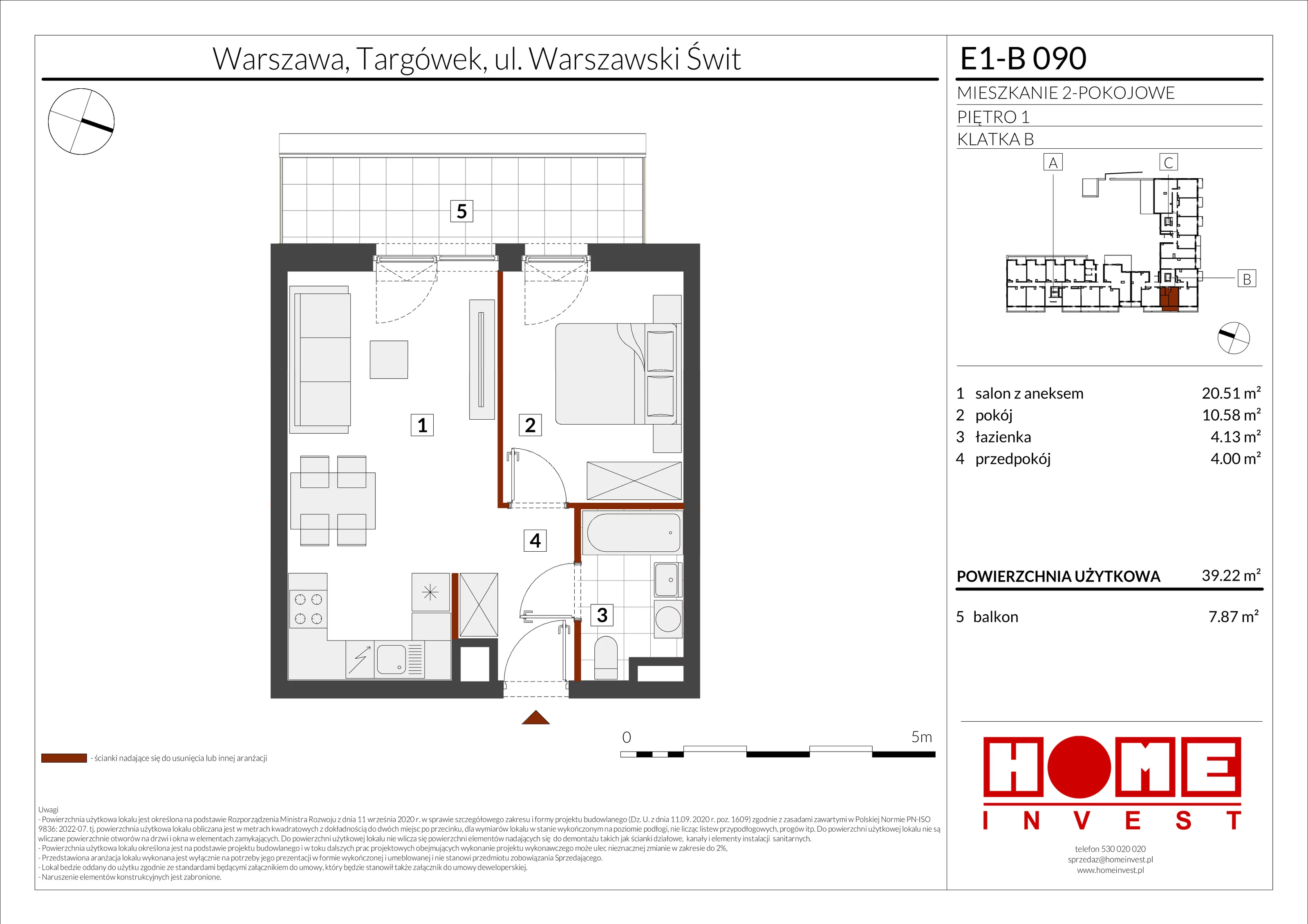 2 pokoje, mieszkanie 39,22 m², piętro 1, oferta nr E1-B090, Warszawski Świt Etap X, Warszawa, Targówek, Bródno, ul. Warszawski Świt