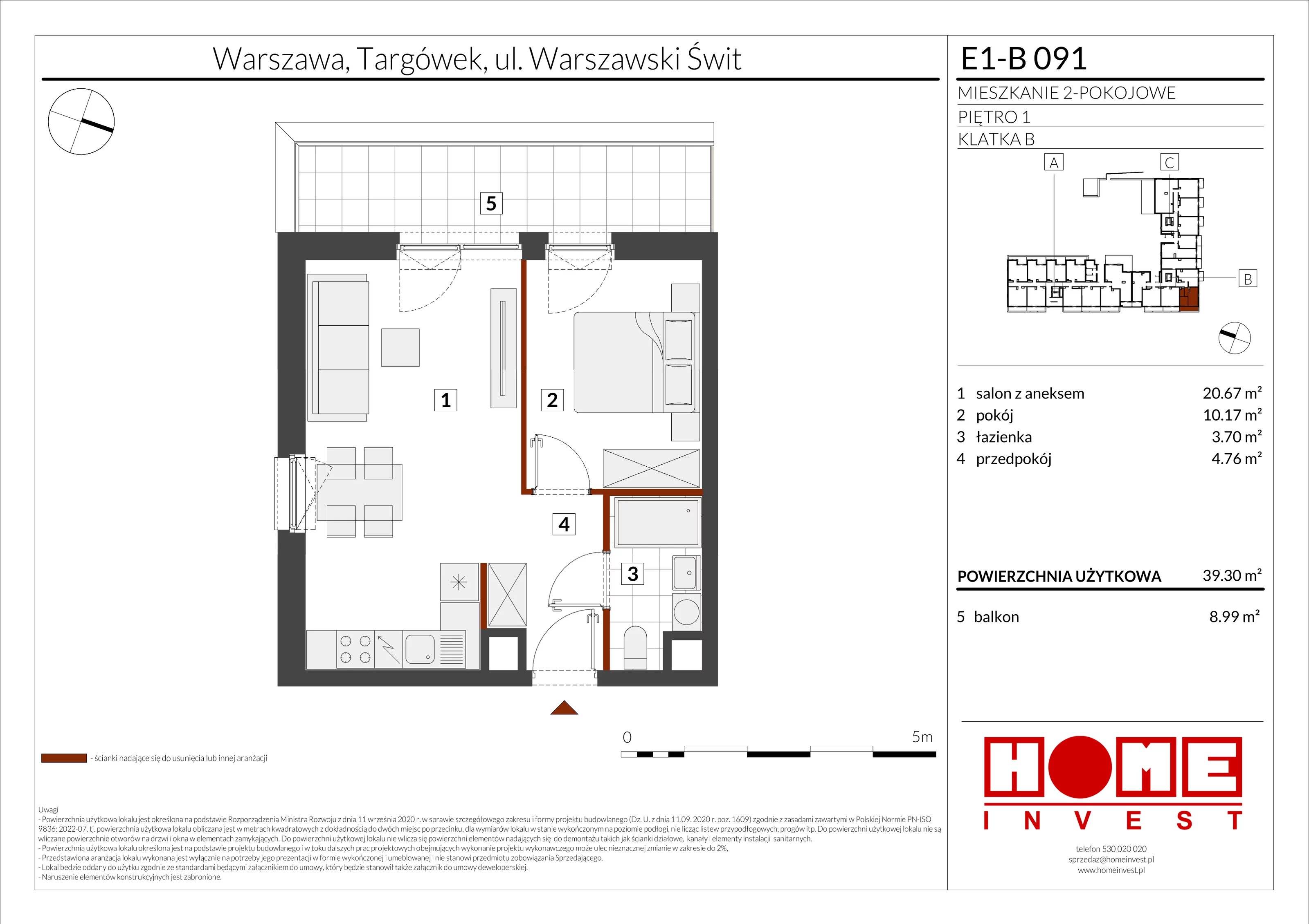 2 pokoje, mieszkanie 39,30 m², piętro 1, oferta nr E1-B091, Warszawski Świt Etap X, Warszawa, Targówek, Bródno, ul. Warszawski Świt