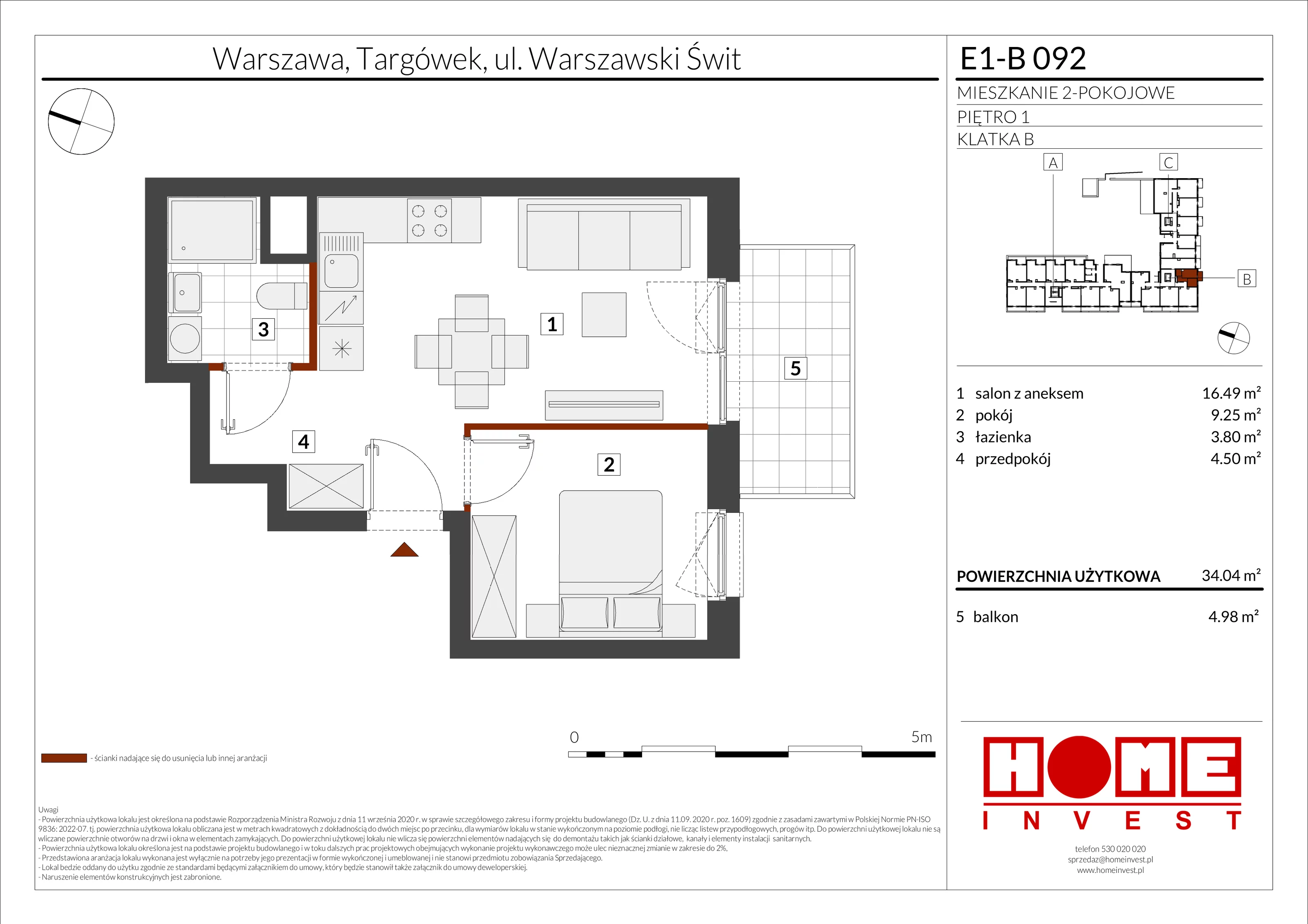 2 pokoje, mieszkanie 34,04 m², piętro 1, oferta nr E1-B092, Warszawski Świt Etap X, Warszawa, Targówek, Bródno, ul. Warszawski Świt