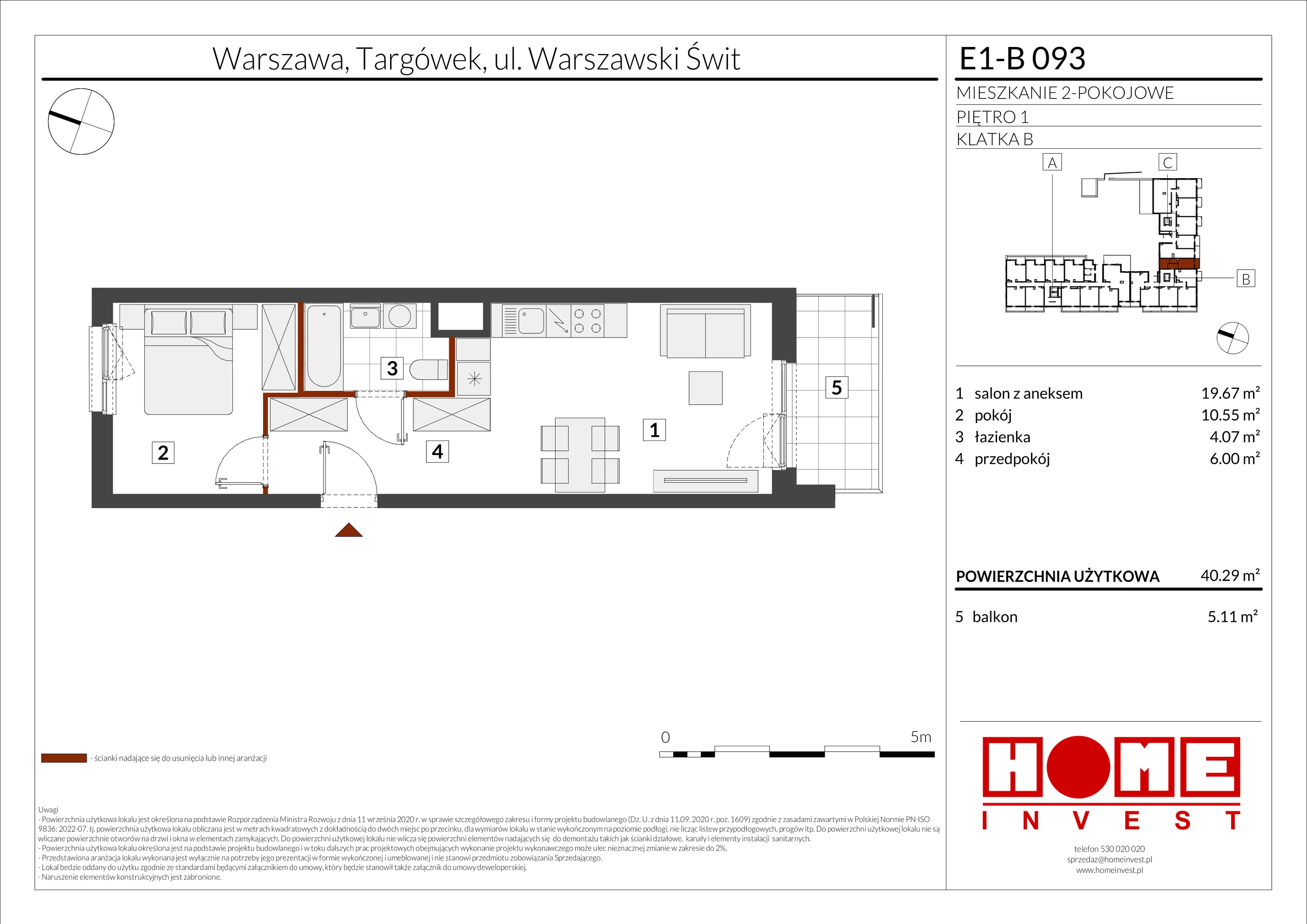 2 pokoje, mieszkanie 40,29 m², piętro 1, oferta nr E1-B093, Warszawski Świt Etap X, Warszawa, Targówek, Bródno, ul. Warszawski Świt