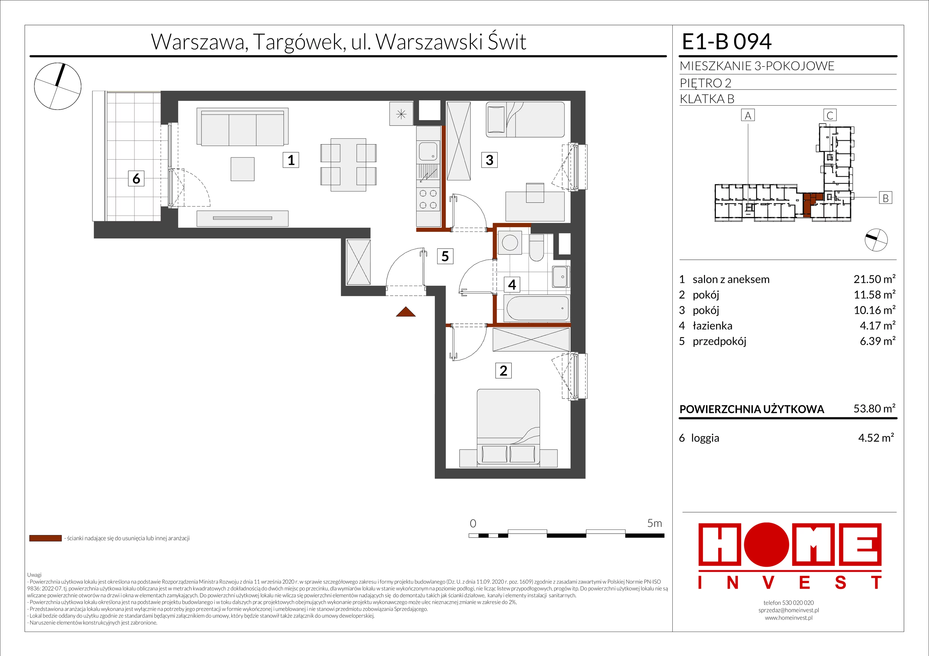 3 pokoje, mieszkanie 53,80 m², piętro 2, oferta nr E1-B094, Warszawski Świt Etap X, Warszawa, Targówek, Bródno, ul. Warszawski Świt
