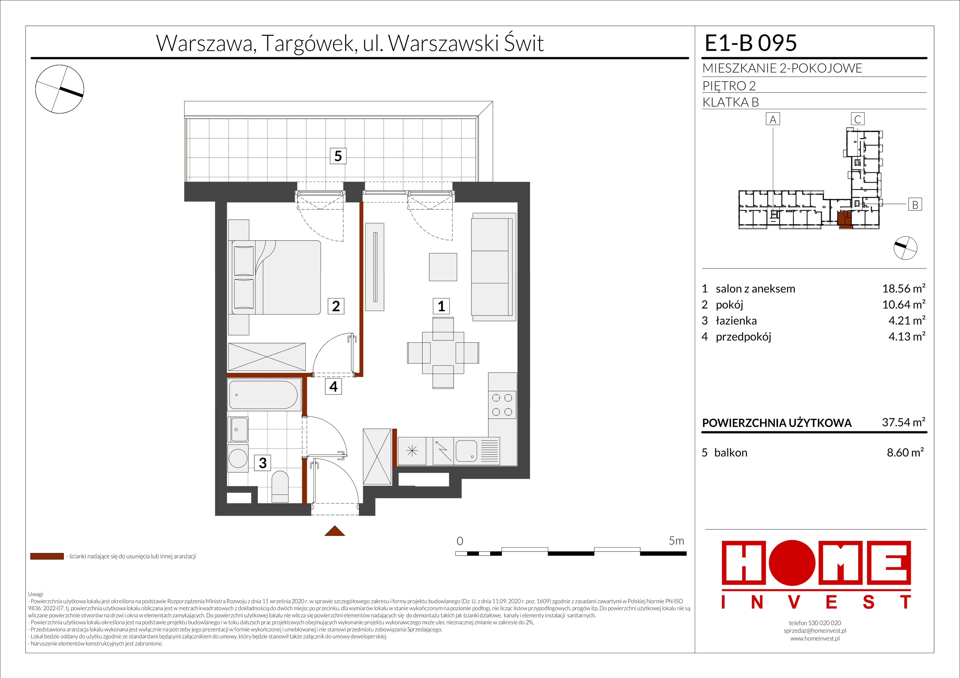 2 pokoje, mieszkanie 37,54 m², piętro 2, oferta nr E1-B095, Warszawski Świt Etap X, Warszawa, Targówek, Bródno, ul. Warszawski Świt