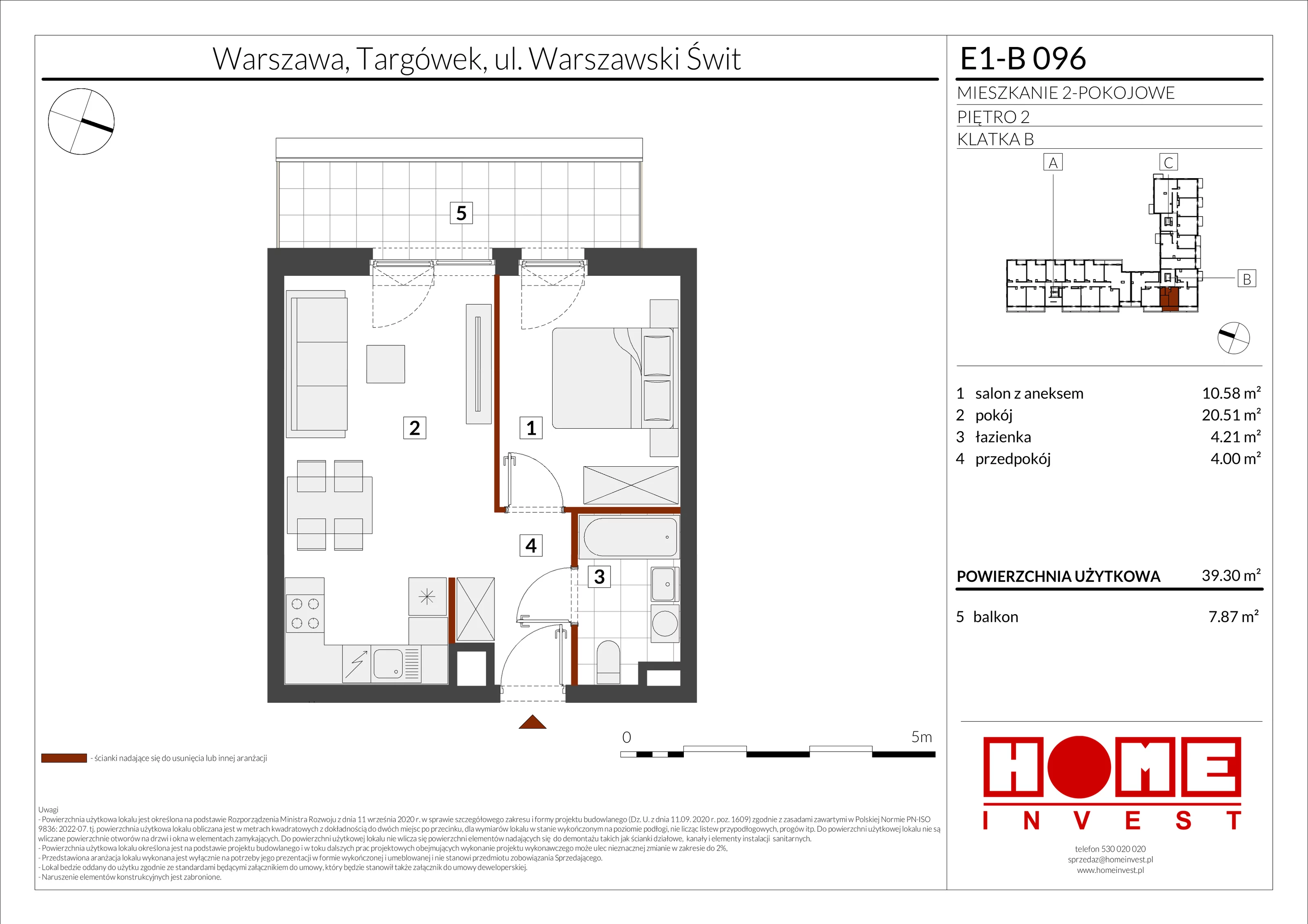 2 pokoje, mieszkanie 39,30 m², piętro 2, oferta nr E1-B096, Warszawski Świt Etap X, Warszawa, Targówek, Bródno, ul. Warszawski Świt