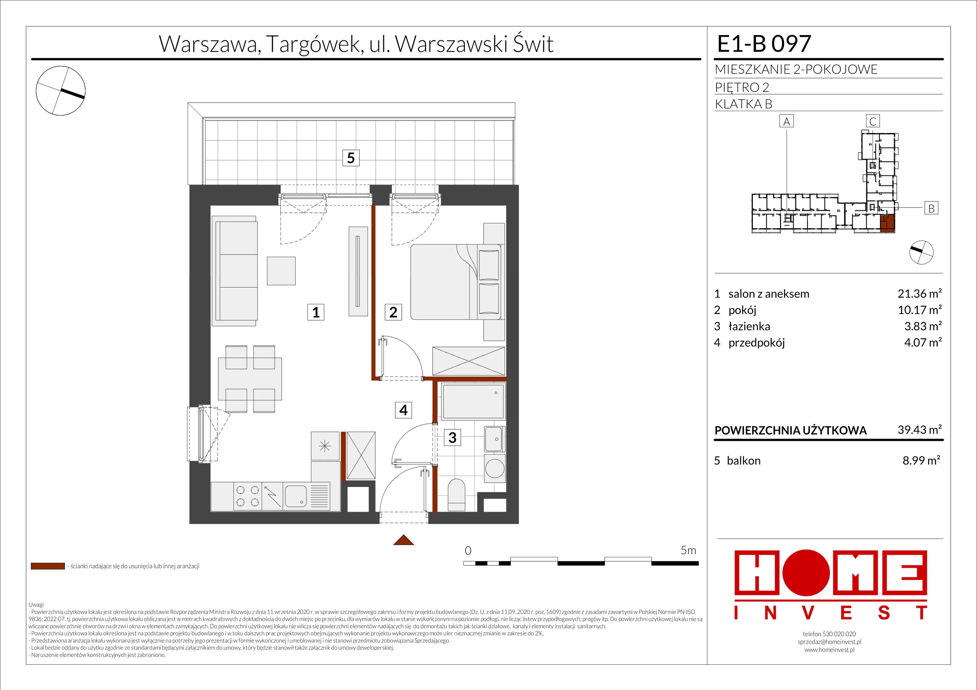 2 pokoje, mieszkanie 39,43 m², piętro 2, oferta nr E1-B097, Warszawski Świt Etap X, Warszawa, Targówek, Bródno, ul. Warszawski Świt