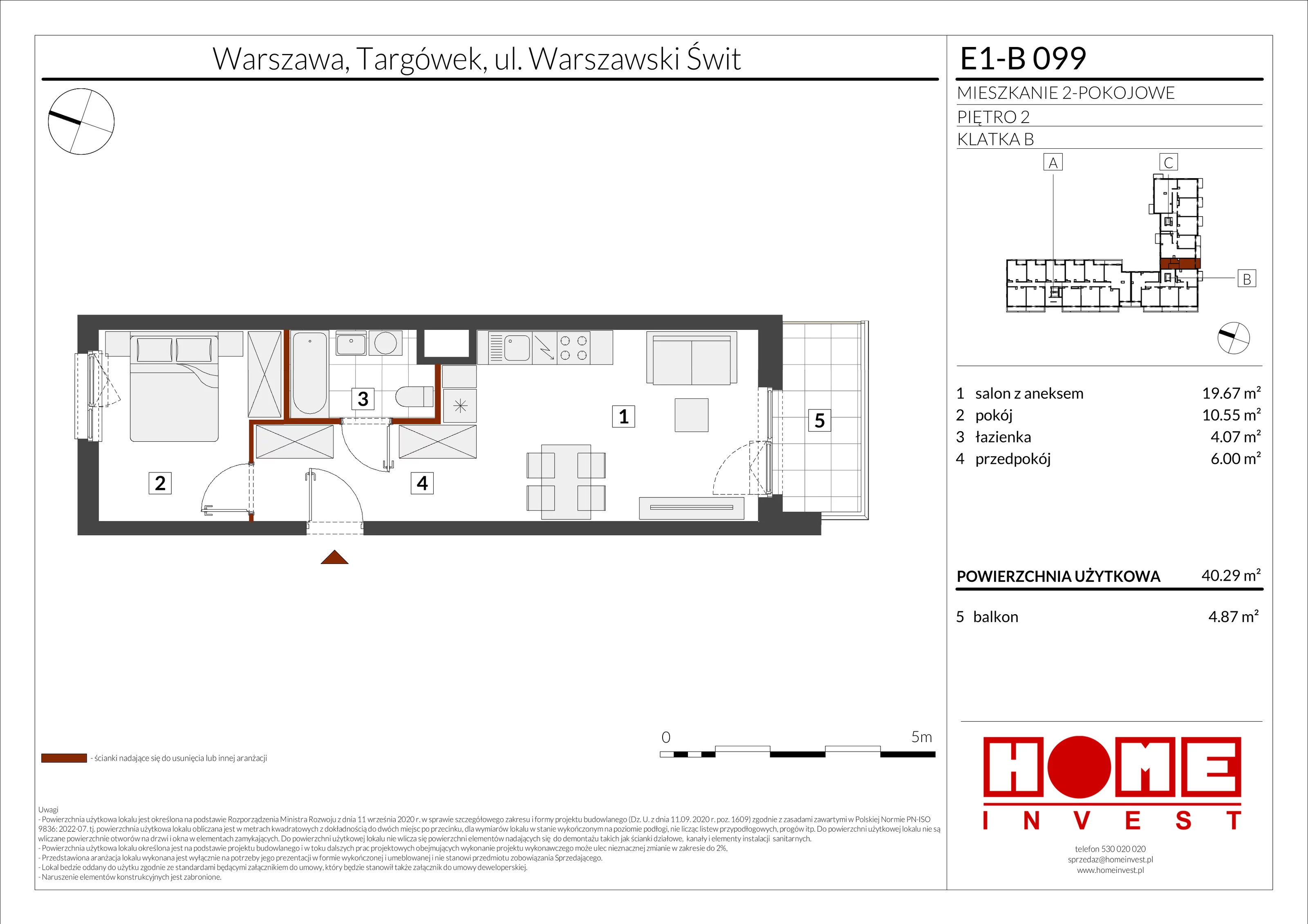 2 pokoje, mieszkanie 40,29 m², piętro 2, oferta nr E1-B099, Warszawski Świt Etap X, Warszawa, Targówek, Bródno, ul. Warszawski Świt