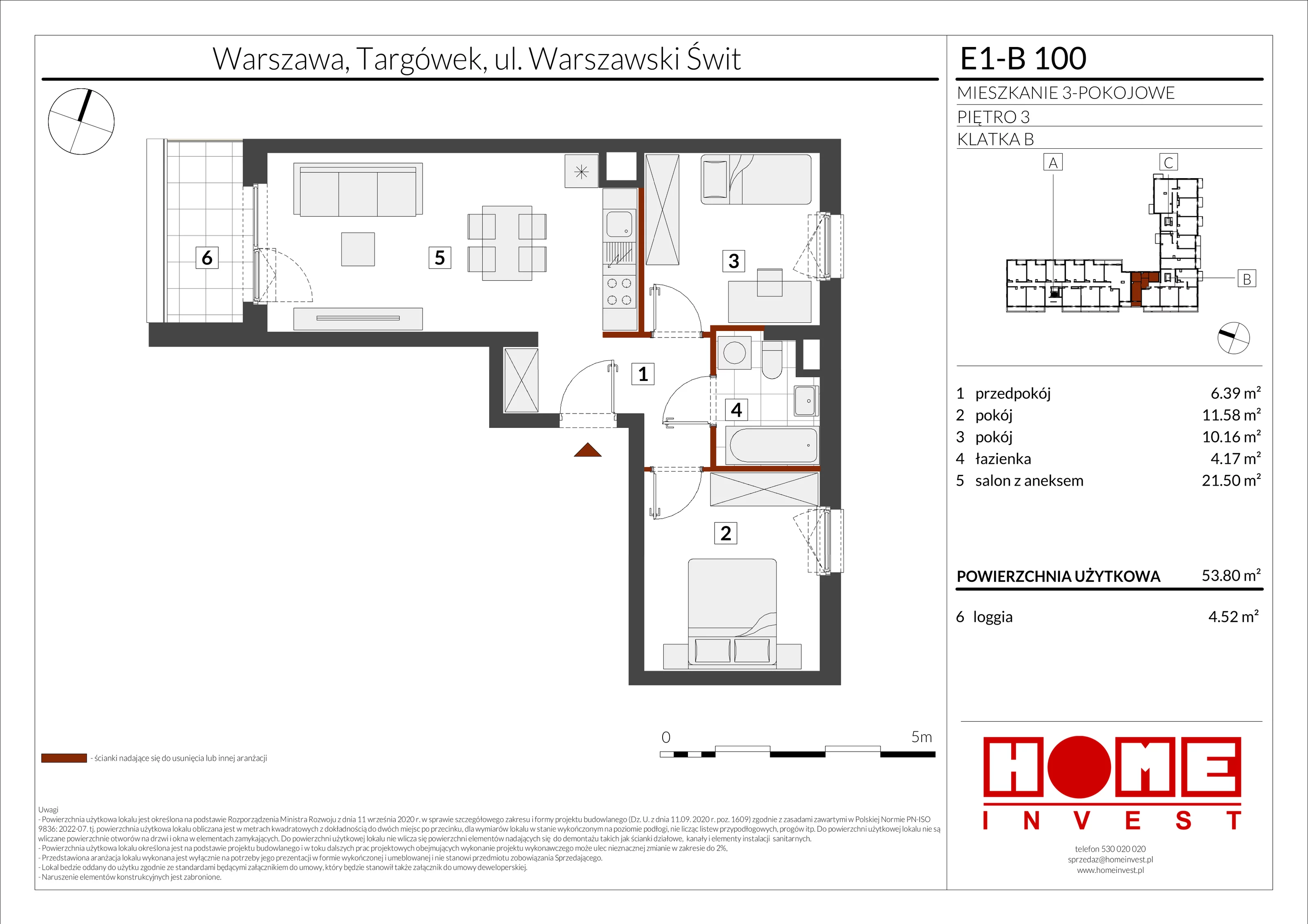 3 pokoje, mieszkanie 53,80 m², piętro 3, oferta nr E1-B100, Warszawski Świt Etap X, Warszawa, Targówek, Bródno, ul. Warszawski Świt
