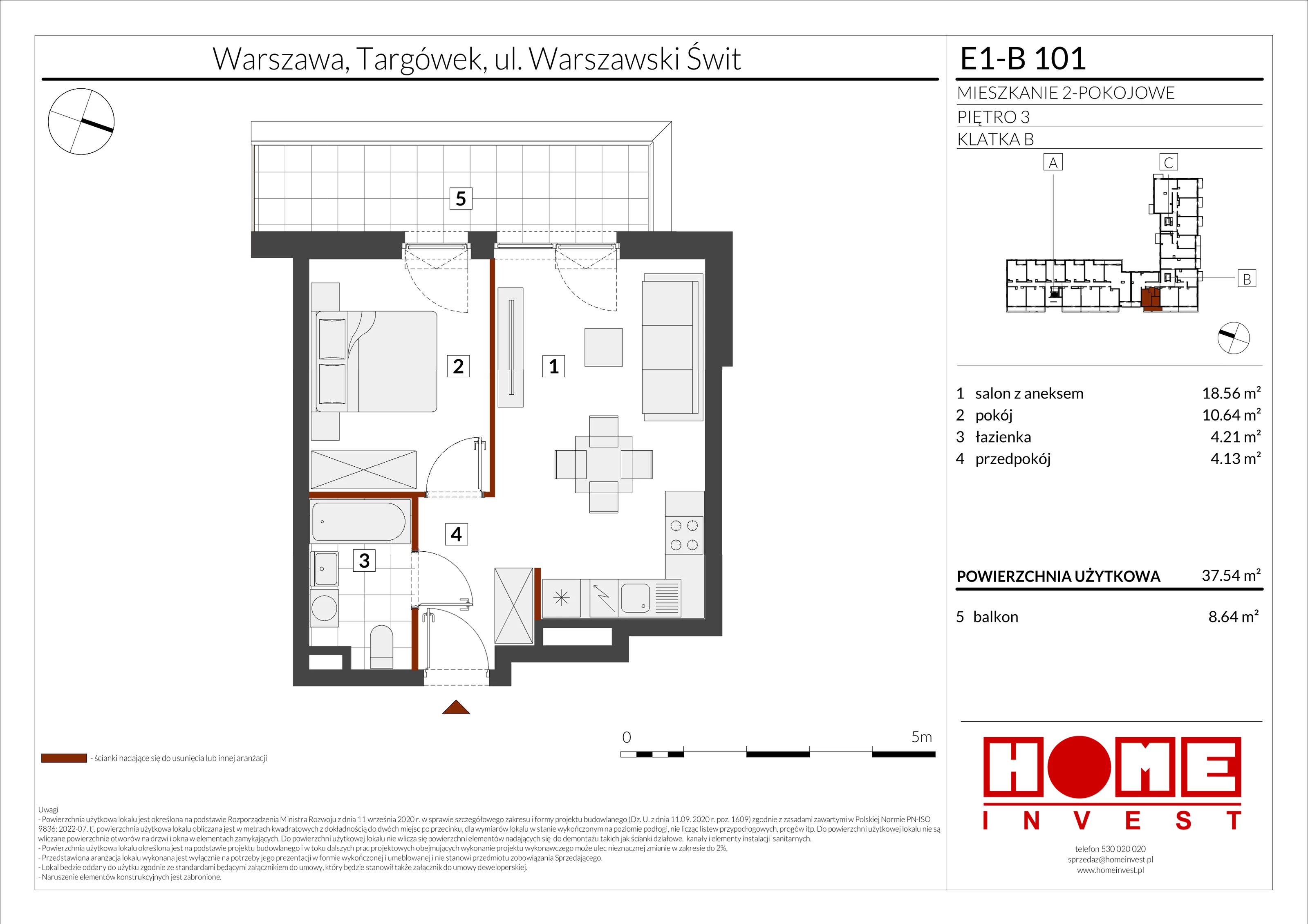 2 pokoje, mieszkanie 37,54 m², piętro 3, oferta nr E1-B101, Warszawski Świt Etap X, Warszawa, Targówek, Bródno, ul. Warszawski Świt