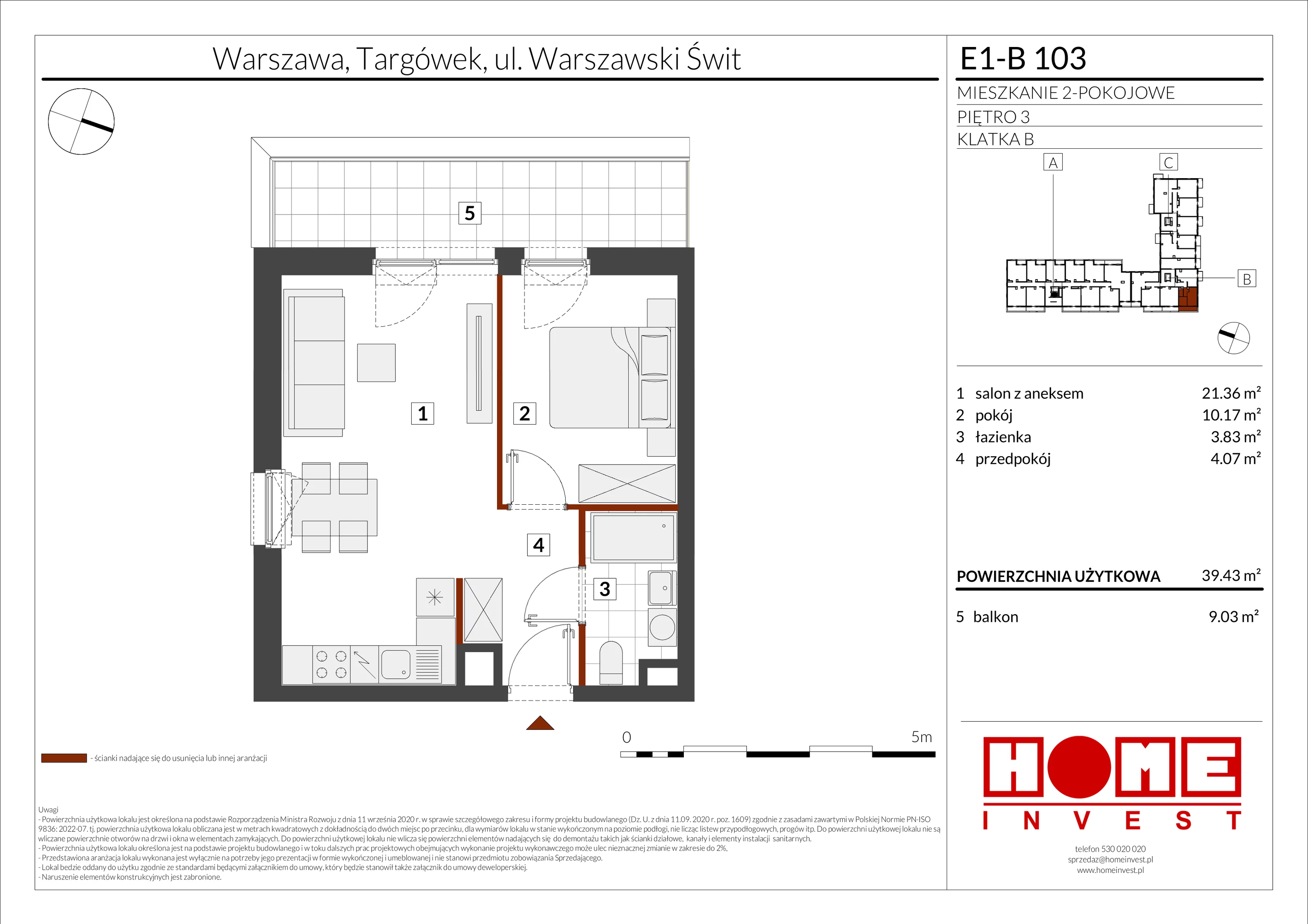 2 pokoje, mieszkanie 39,43 m², piętro 3, oferta nr E1-B103, Warszawski Świt Etap X, Warszawa, Targówek, Bródno, ul. Warszawski Świt