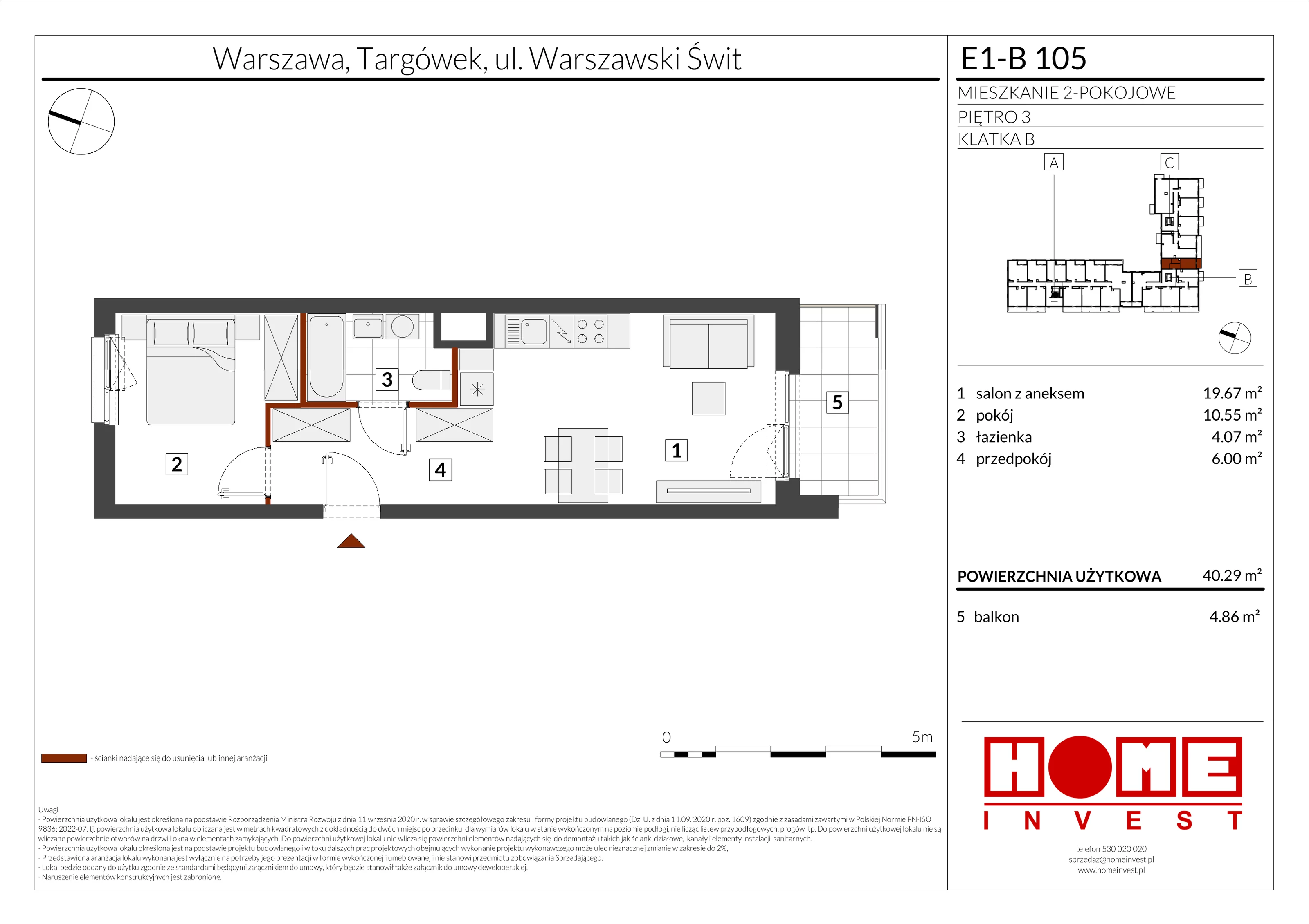 2 pokoje, mieszkanie 40,29 m², piętro 3, oferta nr E1-B105, Warszawski Świt Etap X, Warszawa, Targówek, Bródno, ul. Warszawski Świt