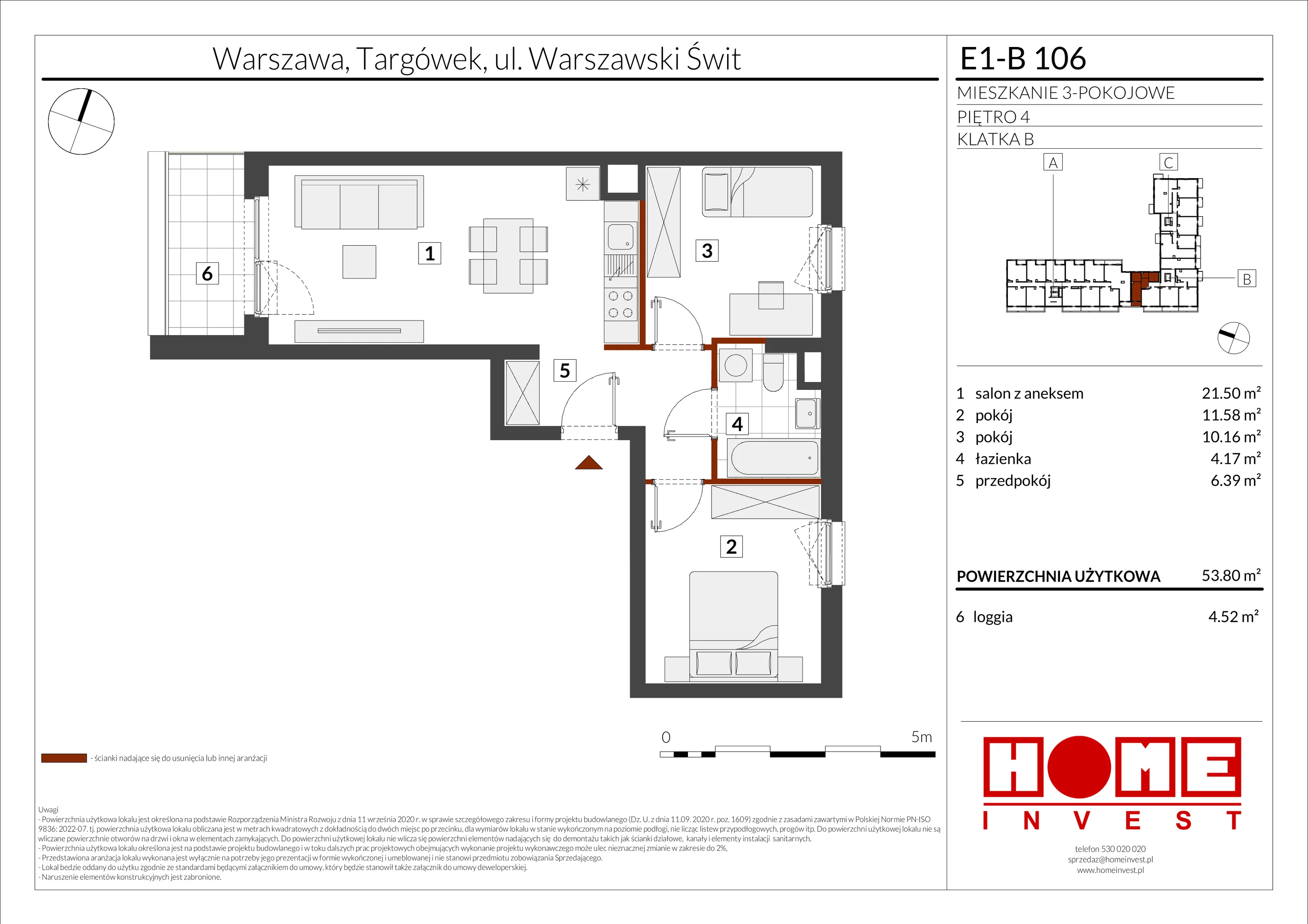 3 pokoje, mieszkanie 53,80 m², piętro 4, oferta nr E1-B106, Warszawski Świt Etap X, Warszawa, Targówek, Bródno, ul. Warszawski Świt