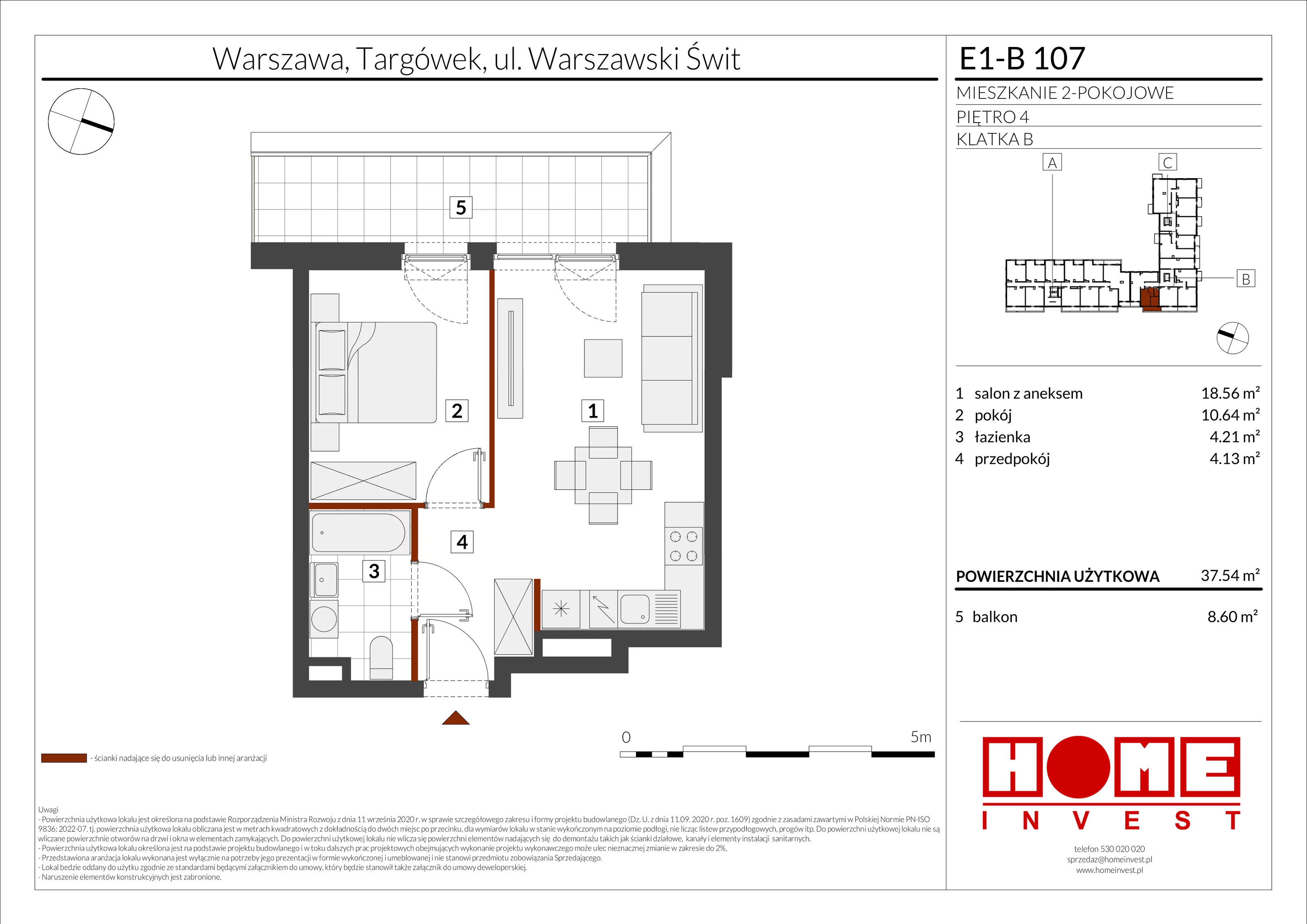 2 pokoje, mieszkanie 37,54 m², piętro 4, oferta nr E1-B107, Warszawski Świt Etap X, Warszawa, Targówek, Bródno, ul. Warszawski Świt