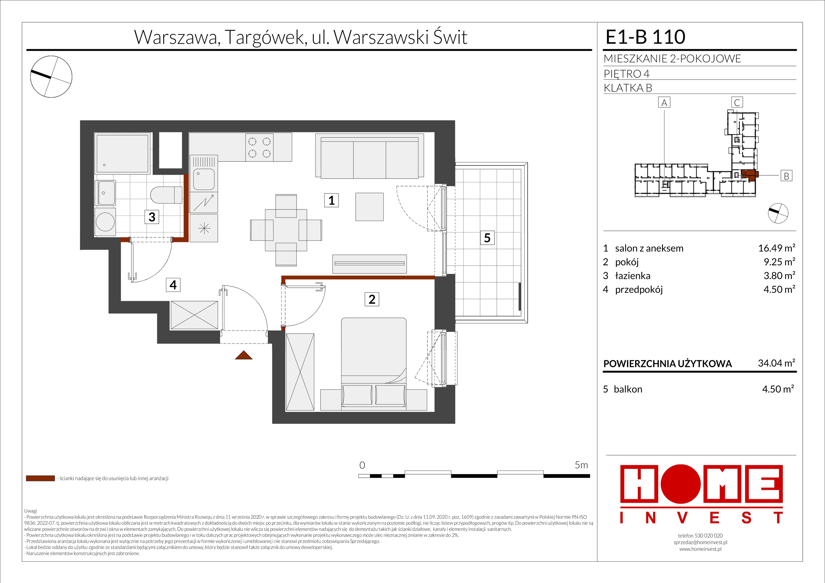 2 pokoje, mieszkanie 34,04 m², piętro 4, oferta nr E1-B110, Warszawski Świt Etap X, Warszawa, Targówek, Bródno, ul. Warszawski Świt