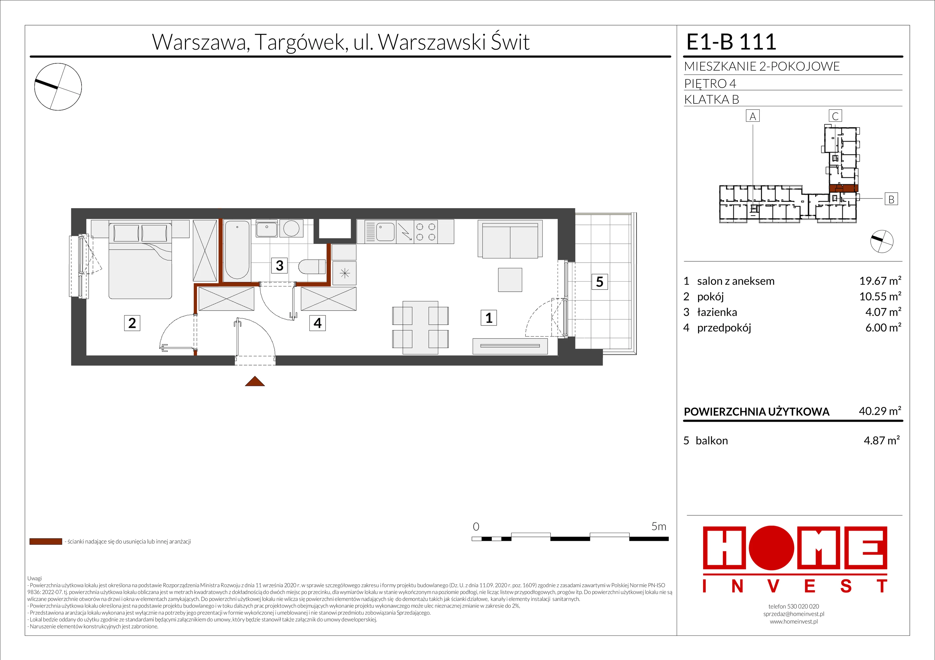 2 pokoje, mieszkanie 40,29 m², piętro 4, oferta nr E1-B111, Warszawski Świt Etap X, Warszawa, Targówek, Bródno, ul. Warszawski Świt