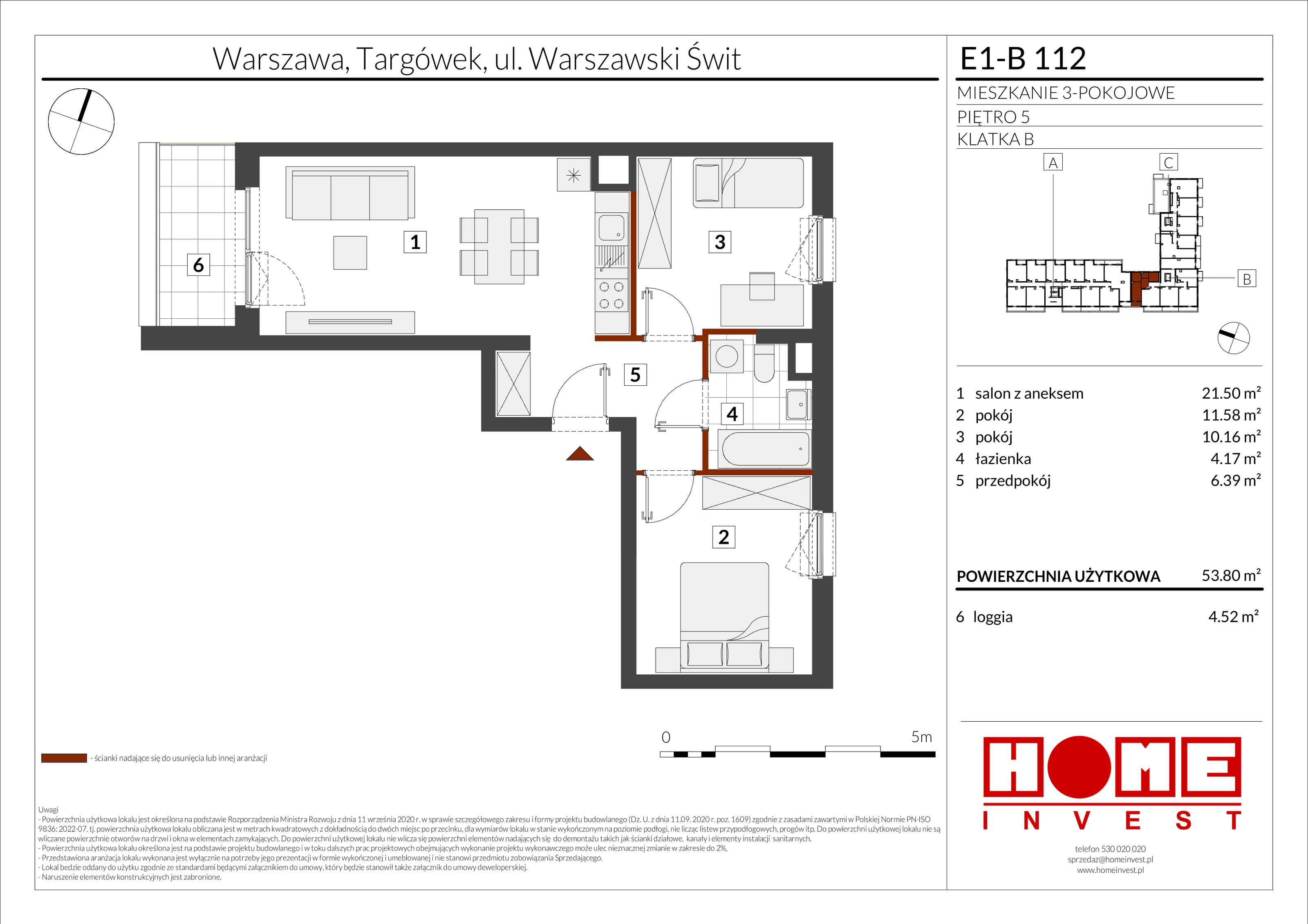 3 pokoje, mieszkanie 53,80 m², piętro 5, oferta nr E1-B112, Warszawski Świt Etap X, Warszawa, Targówek, Bródno, ul. Warszawski Świt