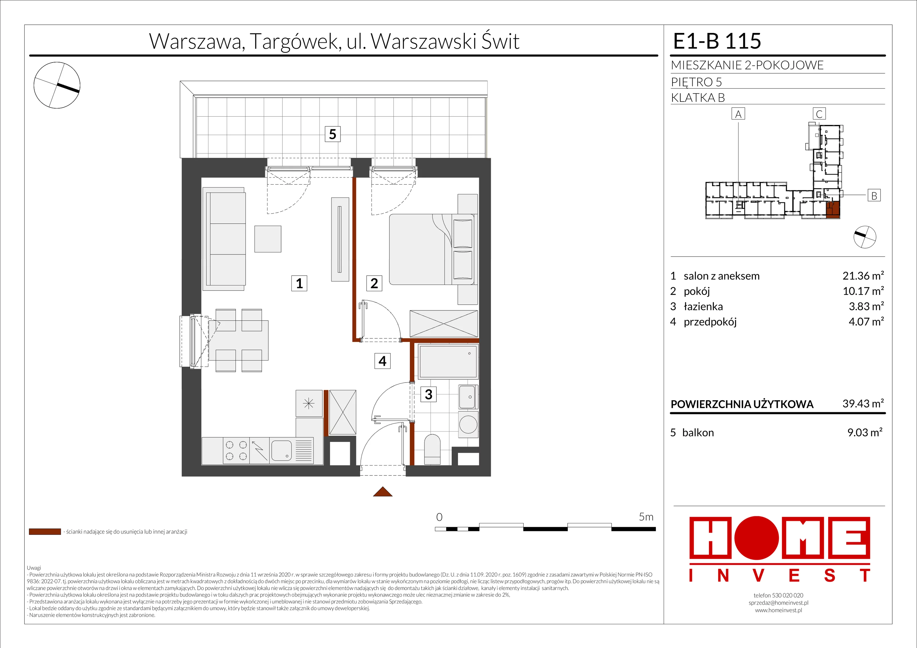 2 pokoje, mieszkanie 39,43 m², piętro 5, oferta nr E1-B115, Warszawski Świt Etap X, Warszawa, Targówek, Bródno, ul. Warszawski Świt