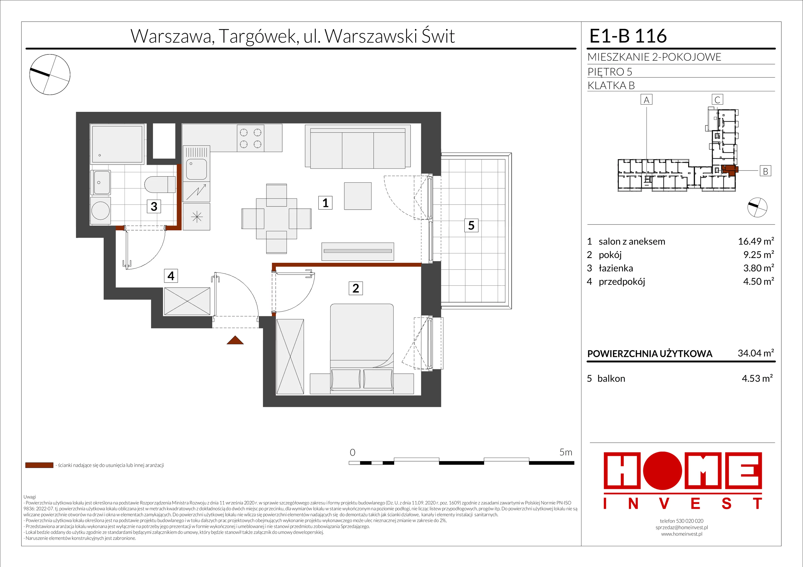 2 pokoje, mieszkanie 34,04 m², piętro 5, oferta nr E1-B116, Warszawski Świt Etap X, Warszawa, Targówek, Bródno, ul. Warszawski Świt