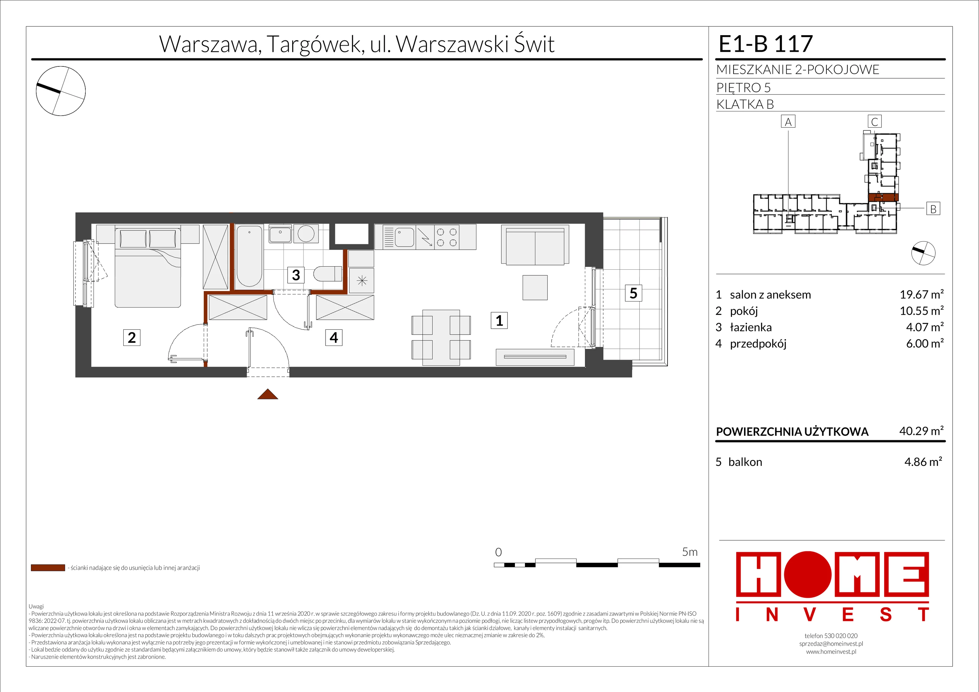 2 pokoje, mieszkanie 40,29 m², piętro 5, oferta nr E1-B117, Warszawski Świt Etap X, Warszawa, Targówek, Bródno, ul. Warszawski Świt