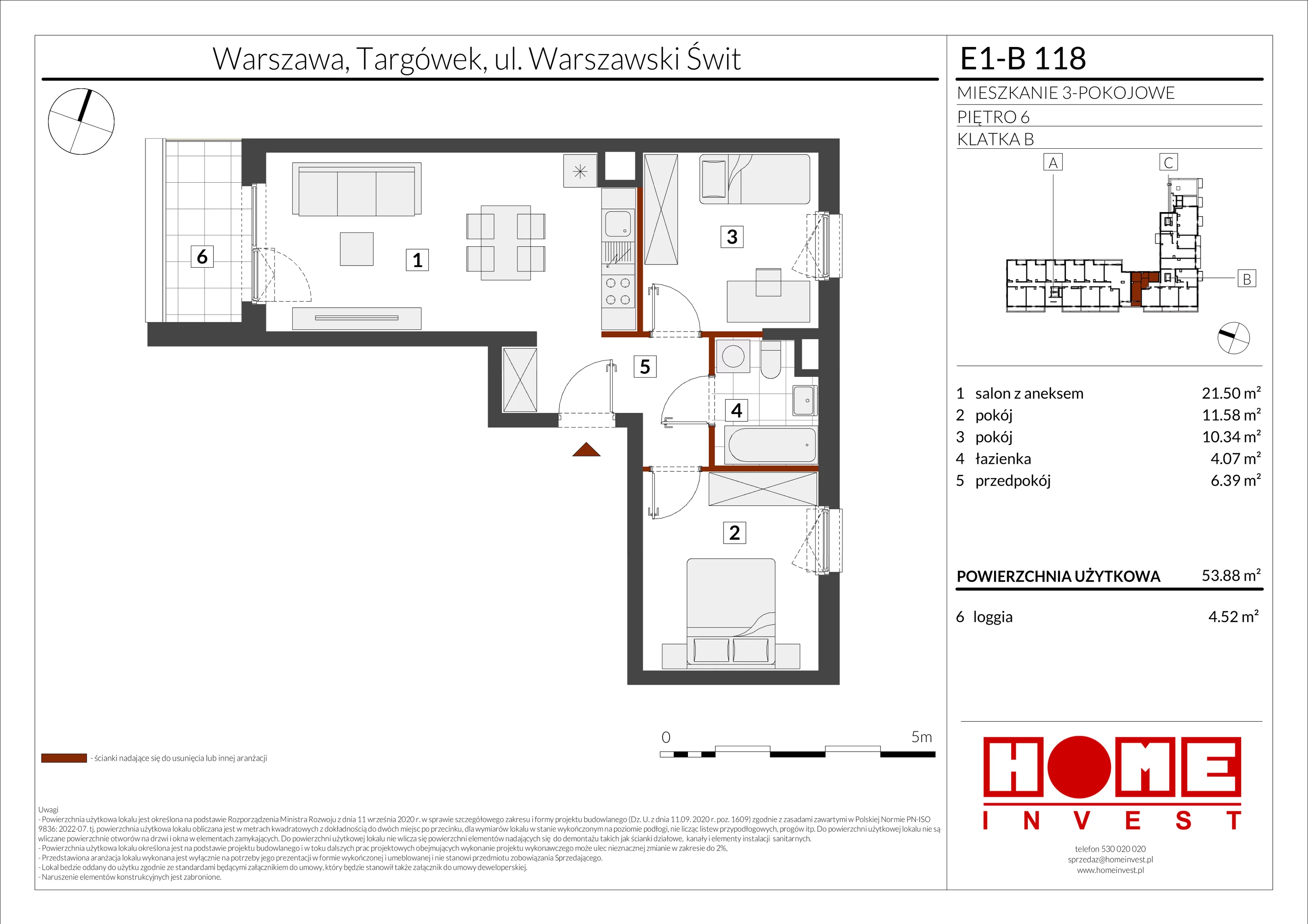 3 pokoje, mieszkanie 53,88 m², piętro 6, oferta nr E1-B118, Warszawski Świt Etap X, Warszawa, Targówek, Bródno, ul. Warszawski Świt