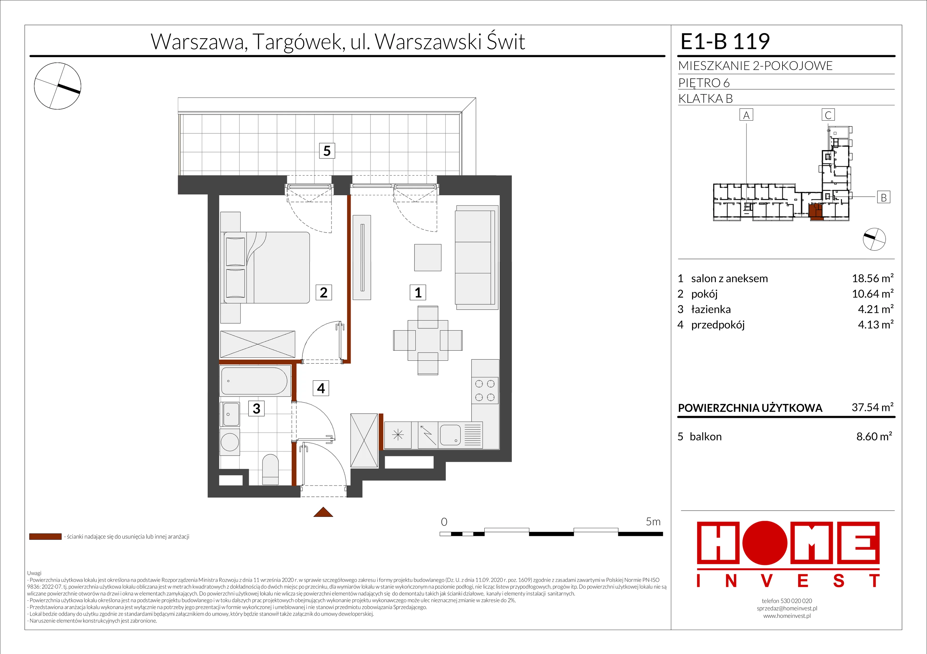 2 pokoje, mieszkanie 37,54 m², piętro 6, oferta nr E1-B119, Warszawski Świt Etap X, Warszawa, Targówek, Bródno, ul. Warszawski Świt