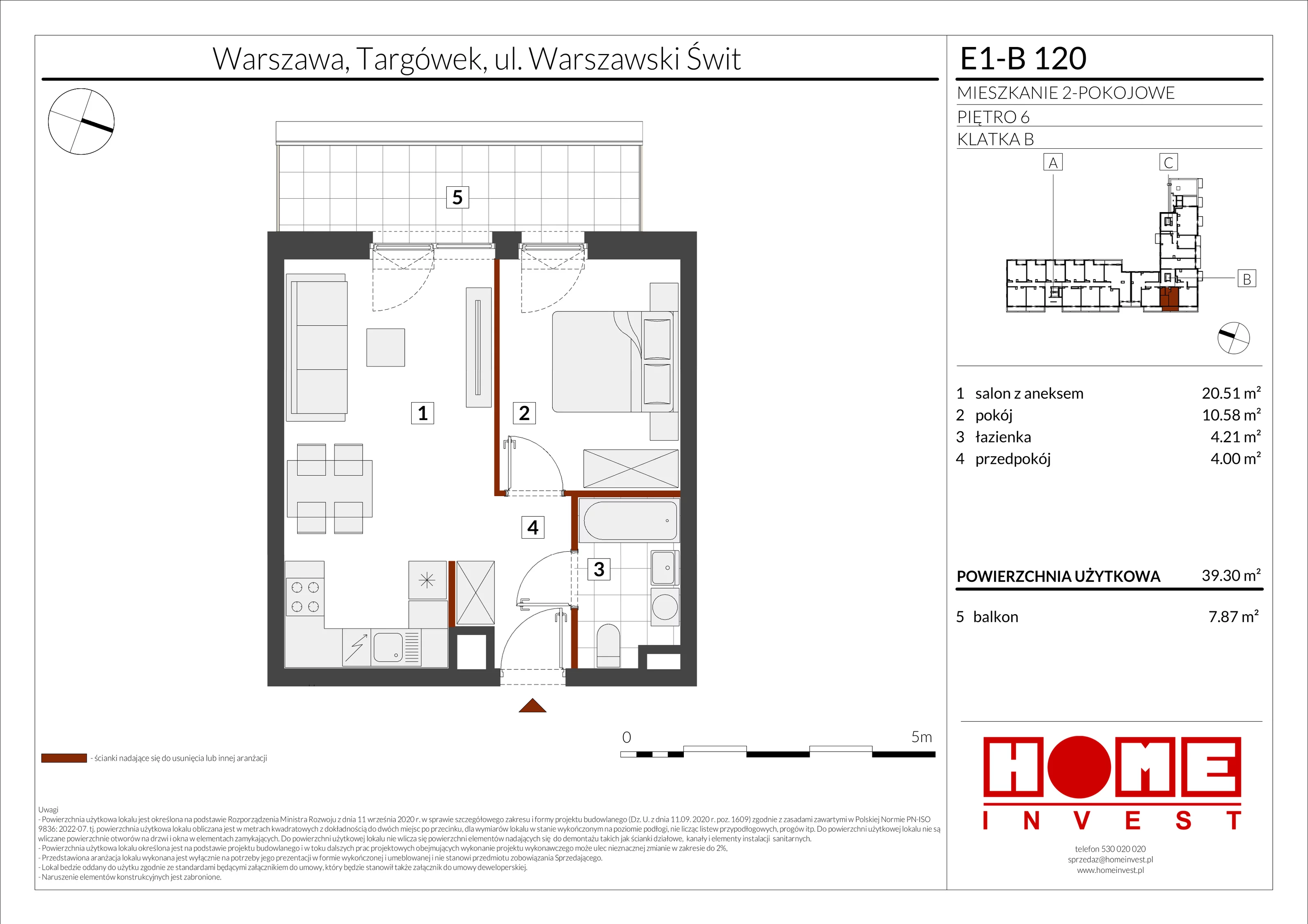 2 pokoje, mieszkanie 39,30 m², piętro 6, oferta nr E1-B120, Warszawski Świt Etap X, Warszawa, Targówek, Bródno, ul. Warszawski Świt