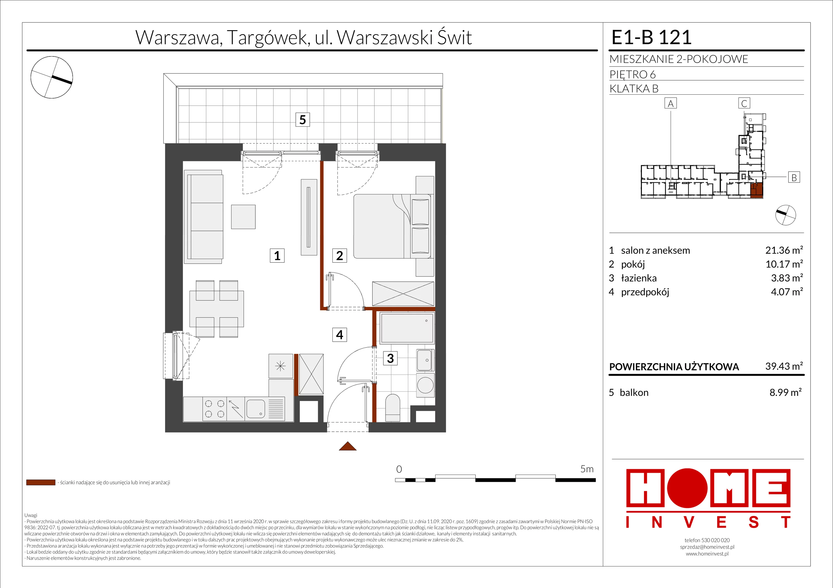 2 pokoje, mieszkanie 39,43 m², piętro 6, oferta nr E1-B121, Warszawski Świt Etap X, Warszawa, Targówek, Bródno, ul. Warszawski Świt