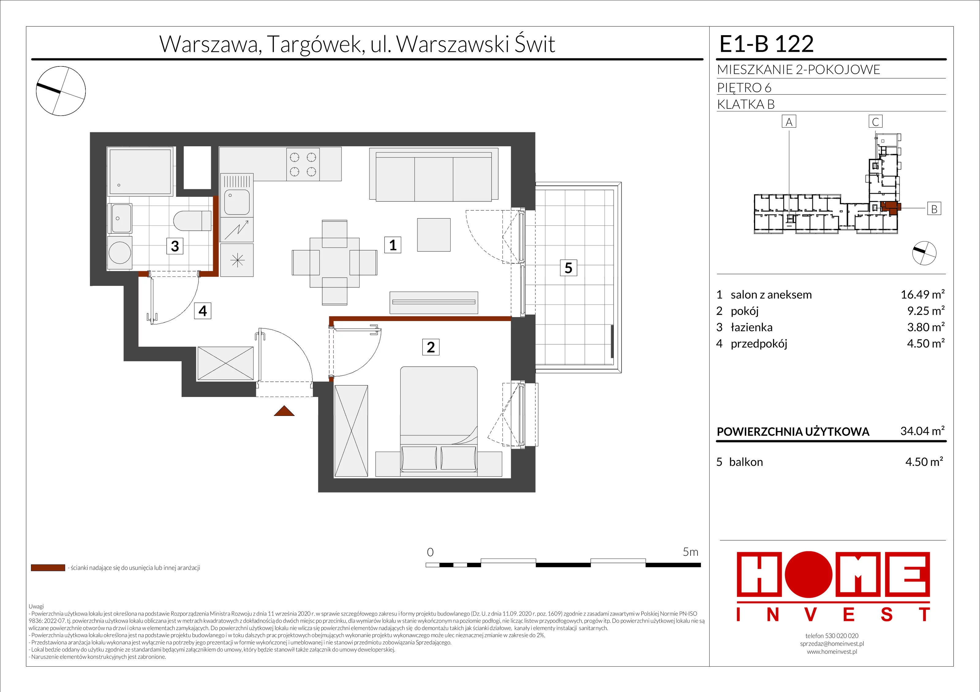 2 pokoje, mieszkanie 34,04 m², piętro 6, oferta nr E1-B122, Warszawski Świt Etap X, Warszawa, Targówek, Bródno, ul. Warszawski Świt