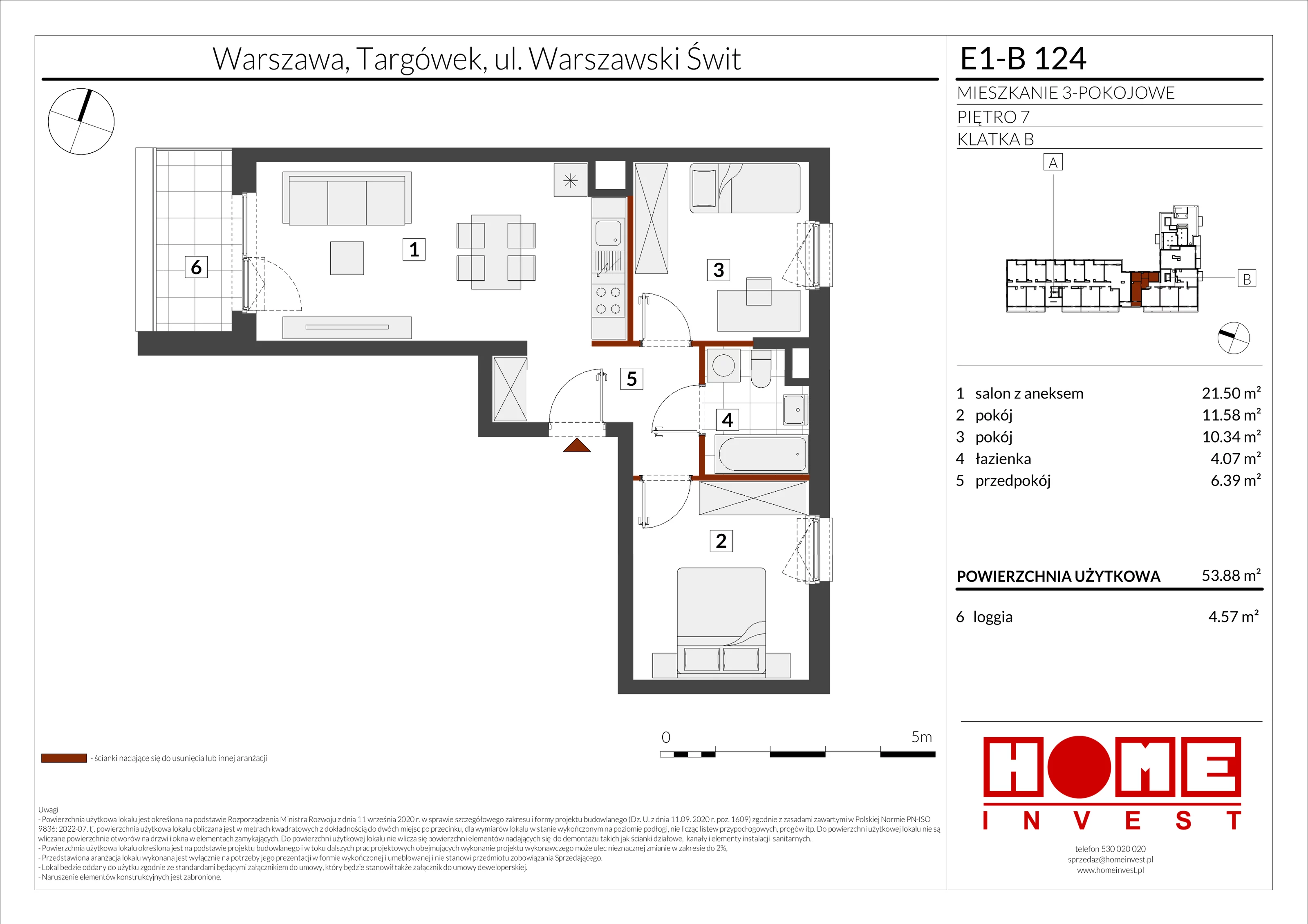 3 pokoje, mieszkanie 53,88 m², piętro 7, oferta nr E1-B124, Warszawski Świt Etap X, Warszawa, Targówek, Bródno, ul. Warszawski Świt