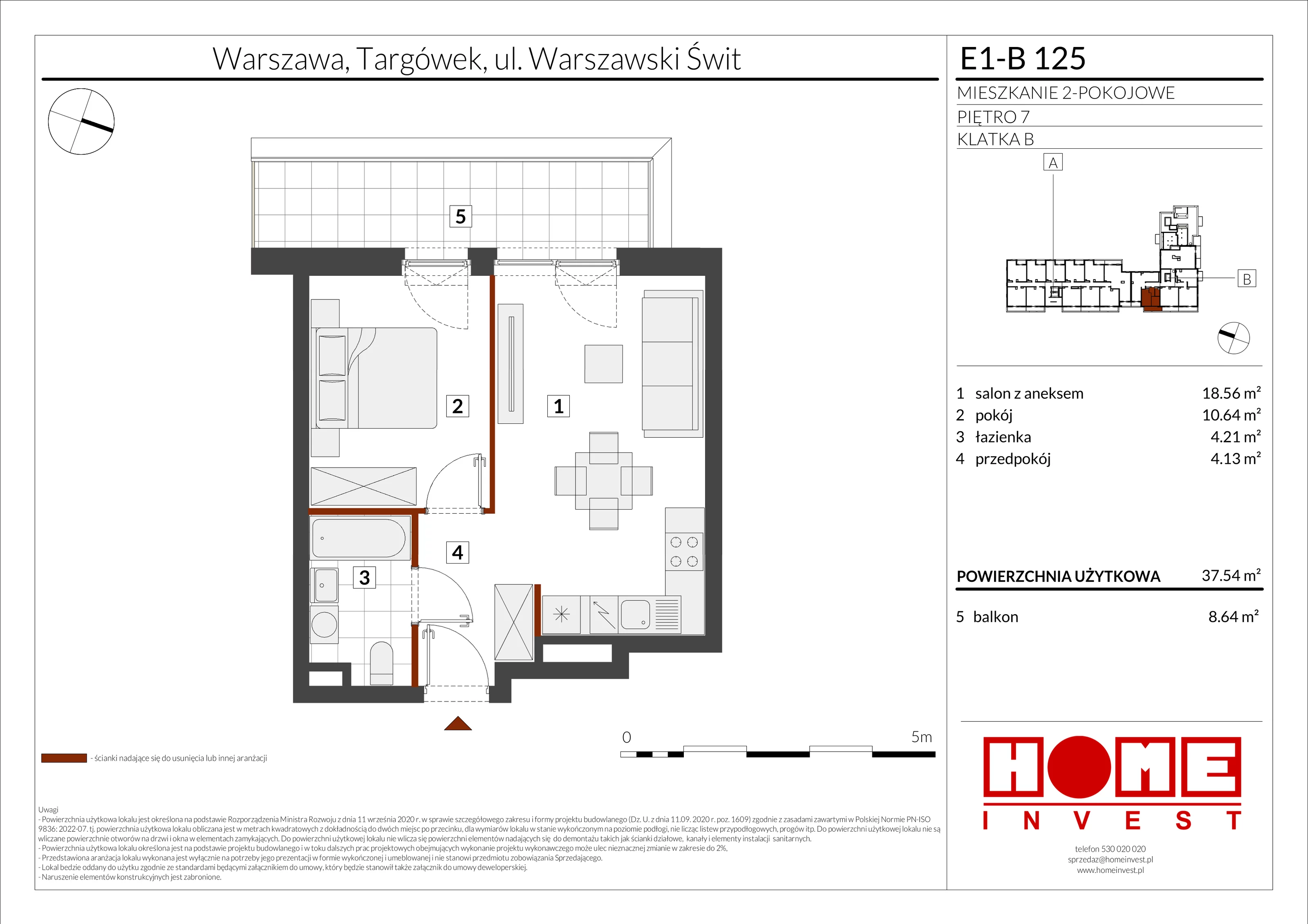 2 pokoje, mieszkanie 37,54 m², piętro 7, oferta nr E1-B125, Warszawski Świt Etap X, Warszawa, Targówek, Bródno, ul. Warszawski Świt