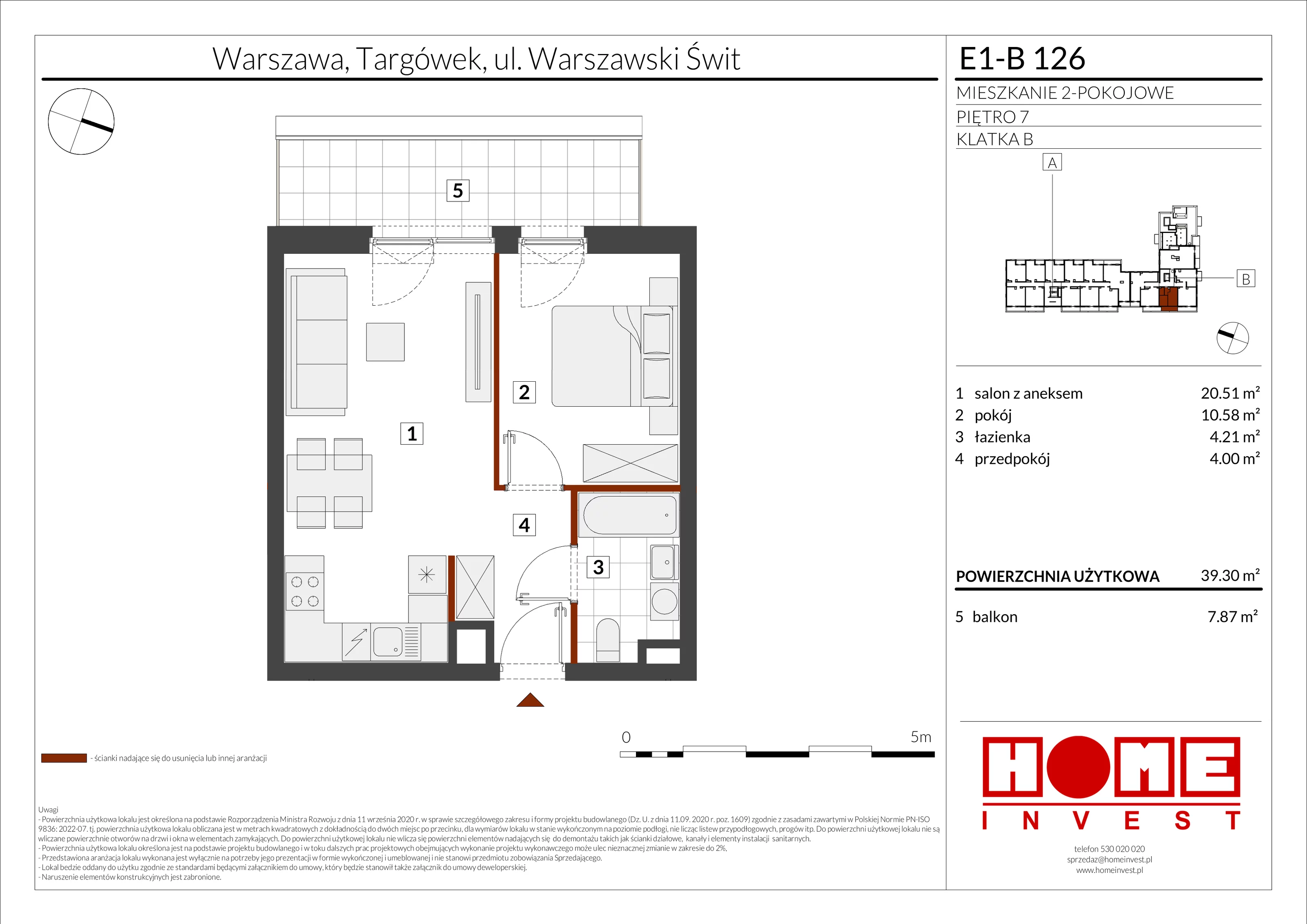 2 pokoje, mieszkanie 39,30 m², piętro 7, oferta nr E1-B126, Warszawski Świt Etap X, Warszawa, Targówek, Bródno, ul. Warszawski Świt