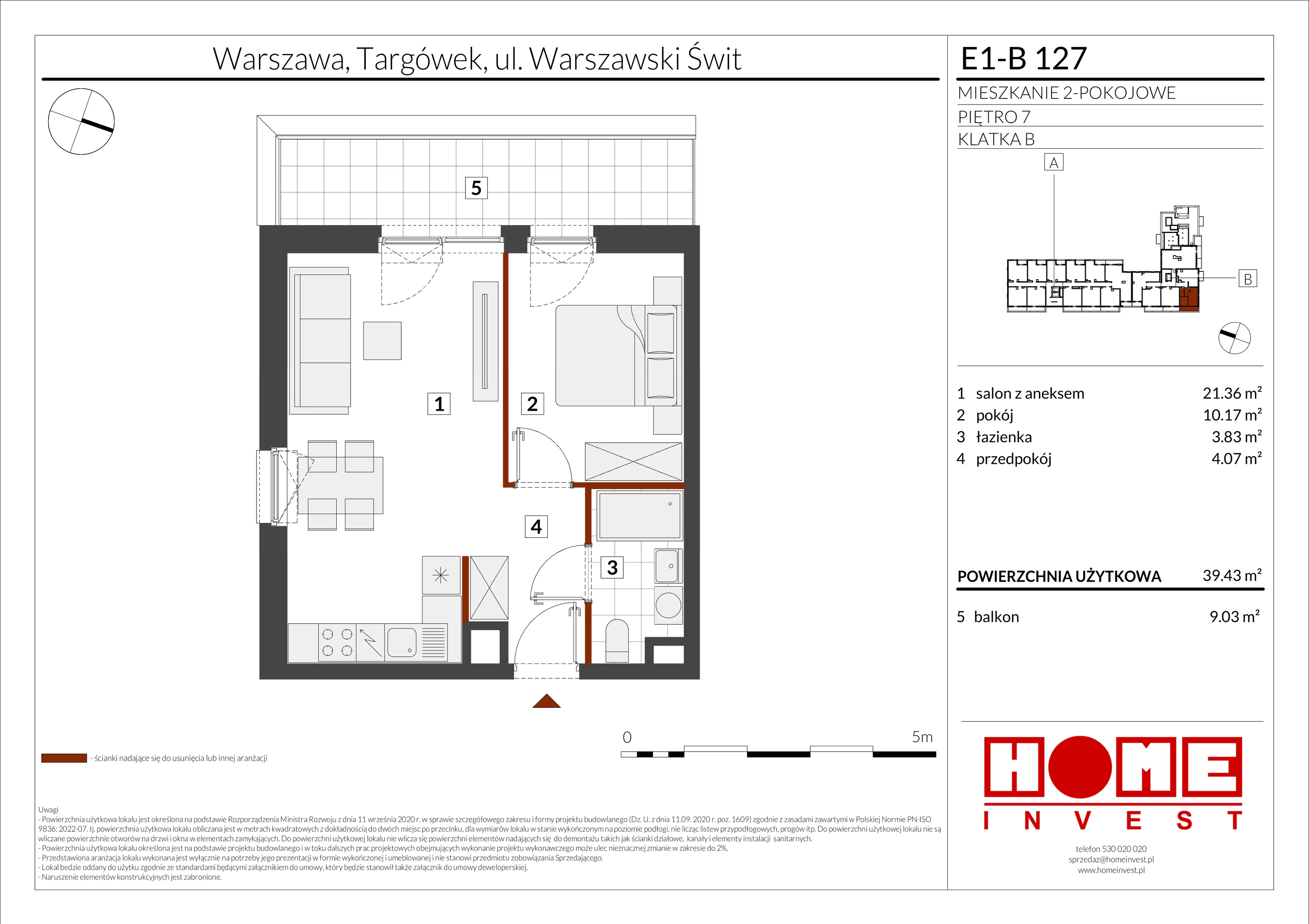 2 pokoje, mieszkanie 39,43 m², piętro 7, oferta nr E1-B127, Warszawski Świt Etap X, Warszawa, Targówek, Bródno, ul. Warszawski Świt