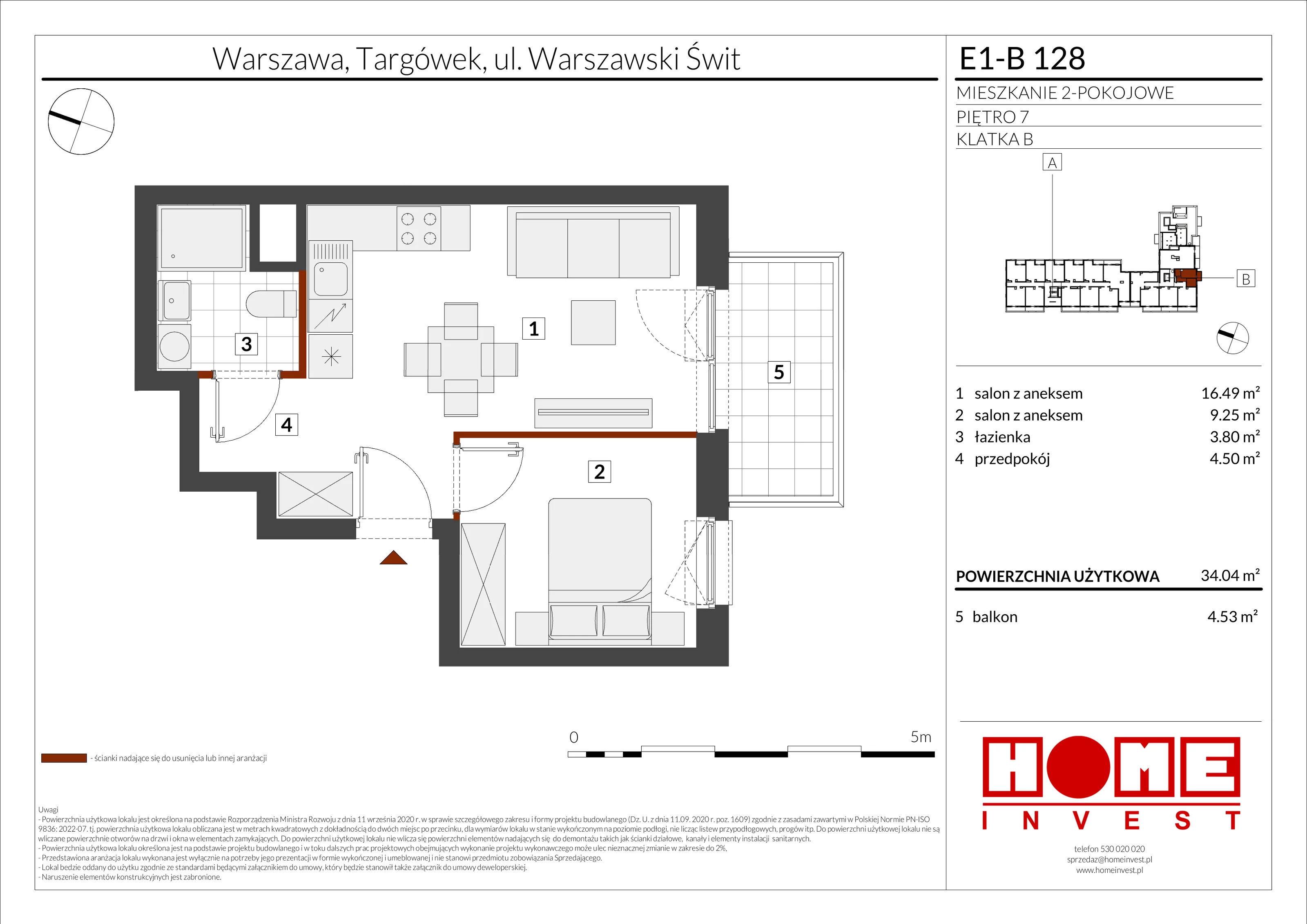 2 pokoje, mieszkanie 34,04 m², piętro 7, oferta nr E1-B128, Warszawski Świt Etap X, Warszawa, Targówek, Bródno, ul. Warszawski Świt