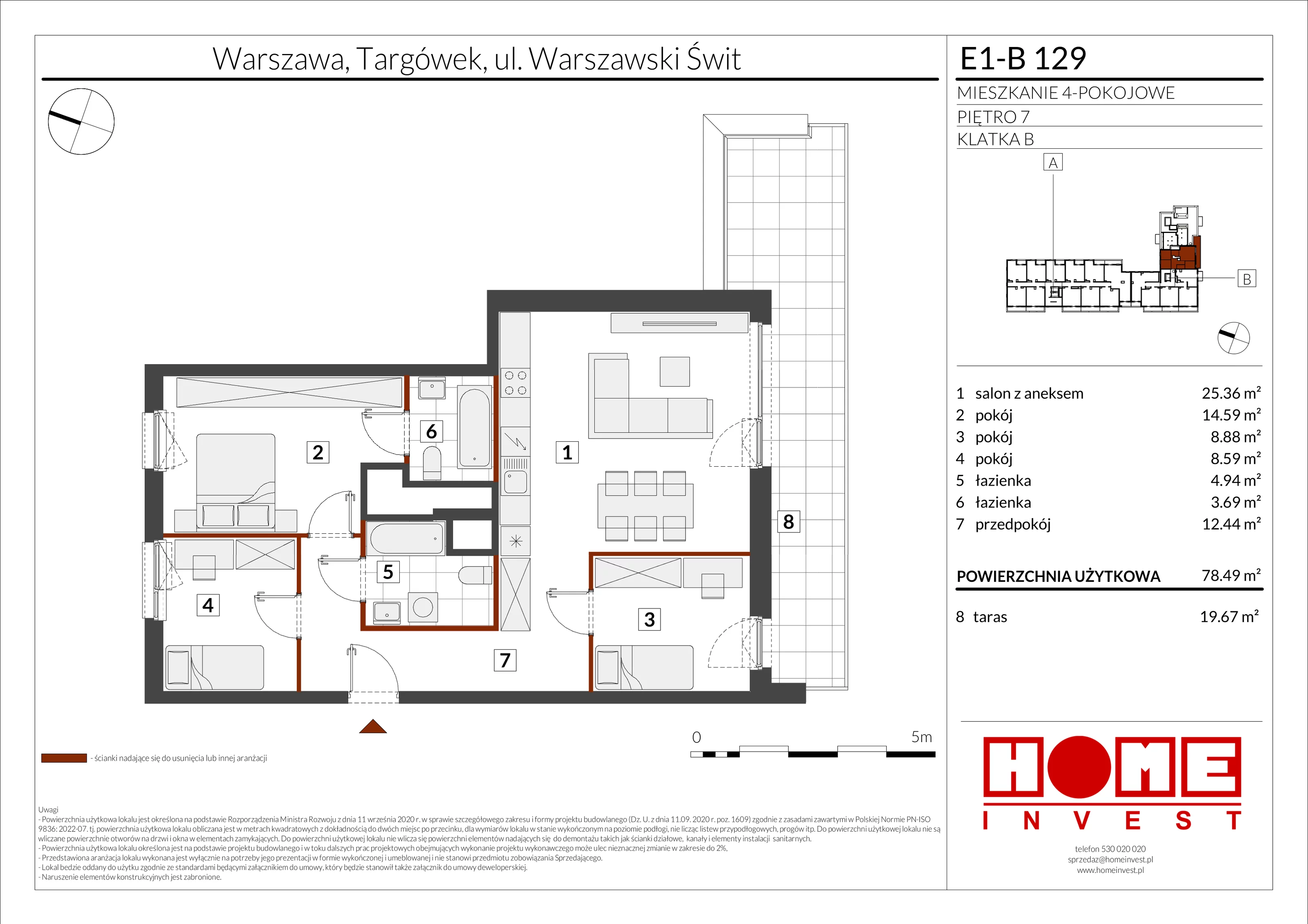 4 pokoje, mieszkanie 78,49 m², piętro 7, oferta nr E1-B129, Warszawski Świt Etap X, Warszawa, Targówek, Bródno, ul. Warszawski Świt
