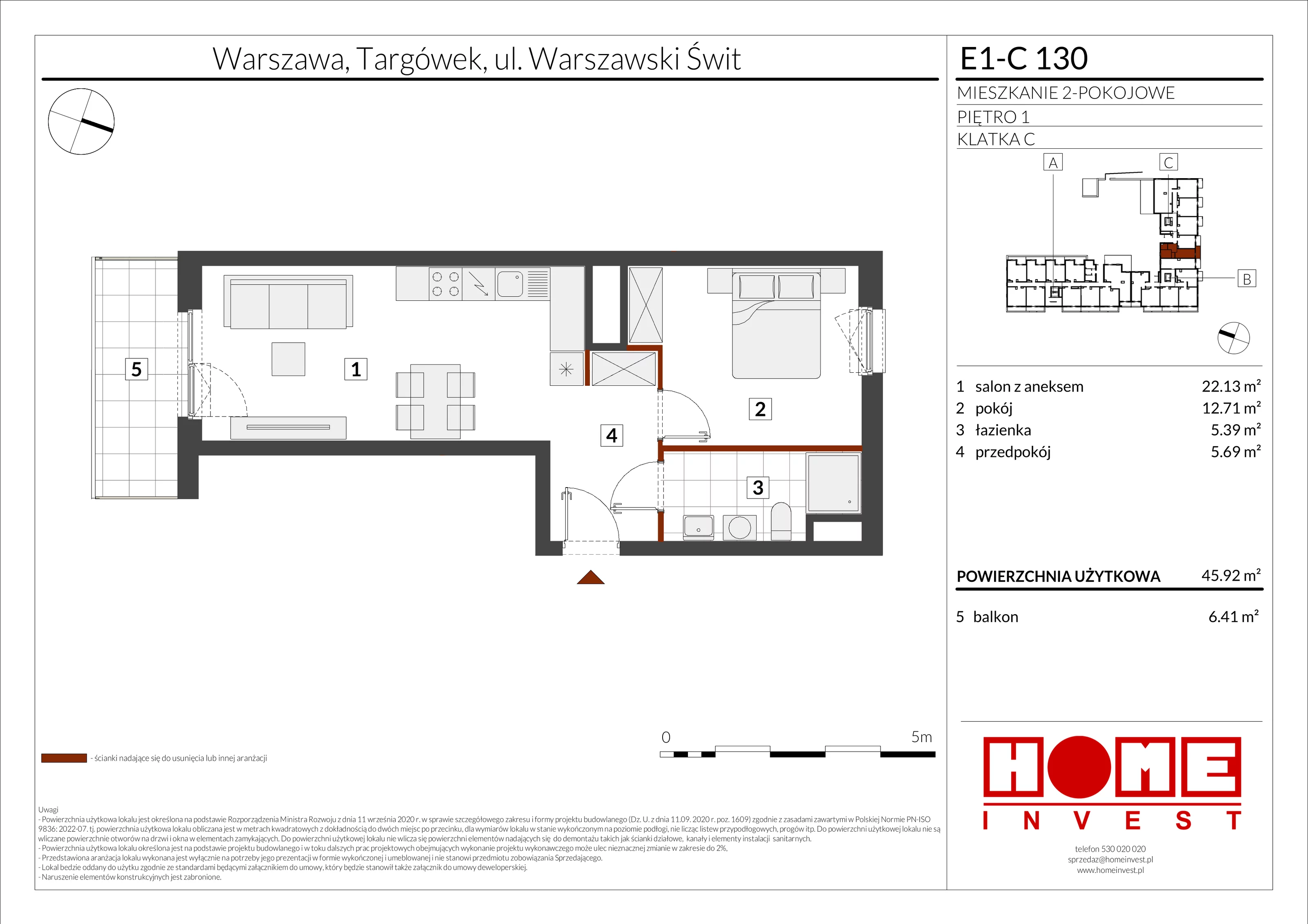 2 pokoje, mieszkanie 45,92 m², piętro 1, oferta nr E1-C130, Warszawski Świt Etap X, Warszawa, Targówek, Bródno, ul. Warszawski Świt
