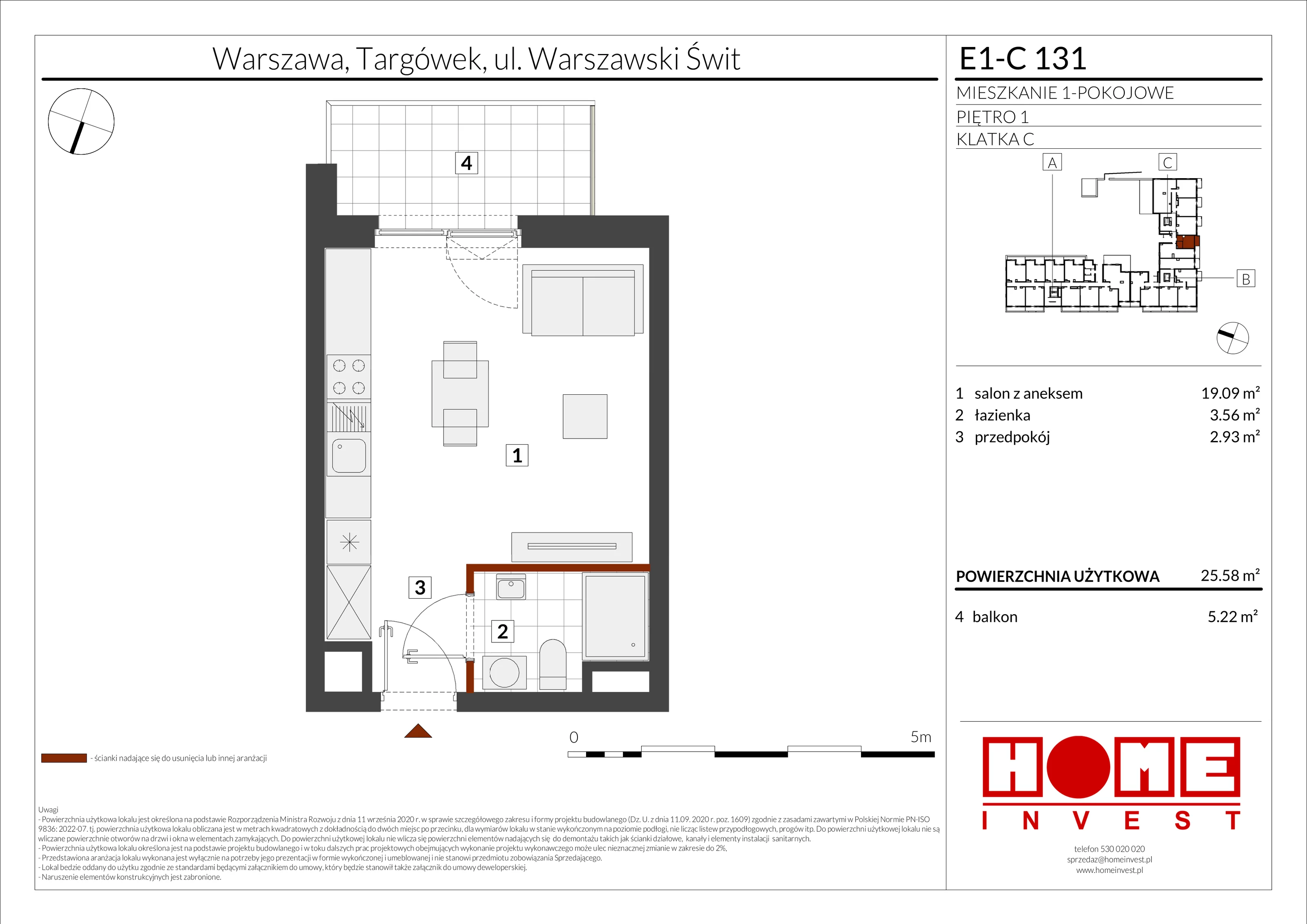 1 pokój, mieszkanie 25,58 m², piętro 1, oferta nr E1-C131, Warszawski Świt Etap X, Warszawa, Targówek, Bródno, ul. Warszawski Świt