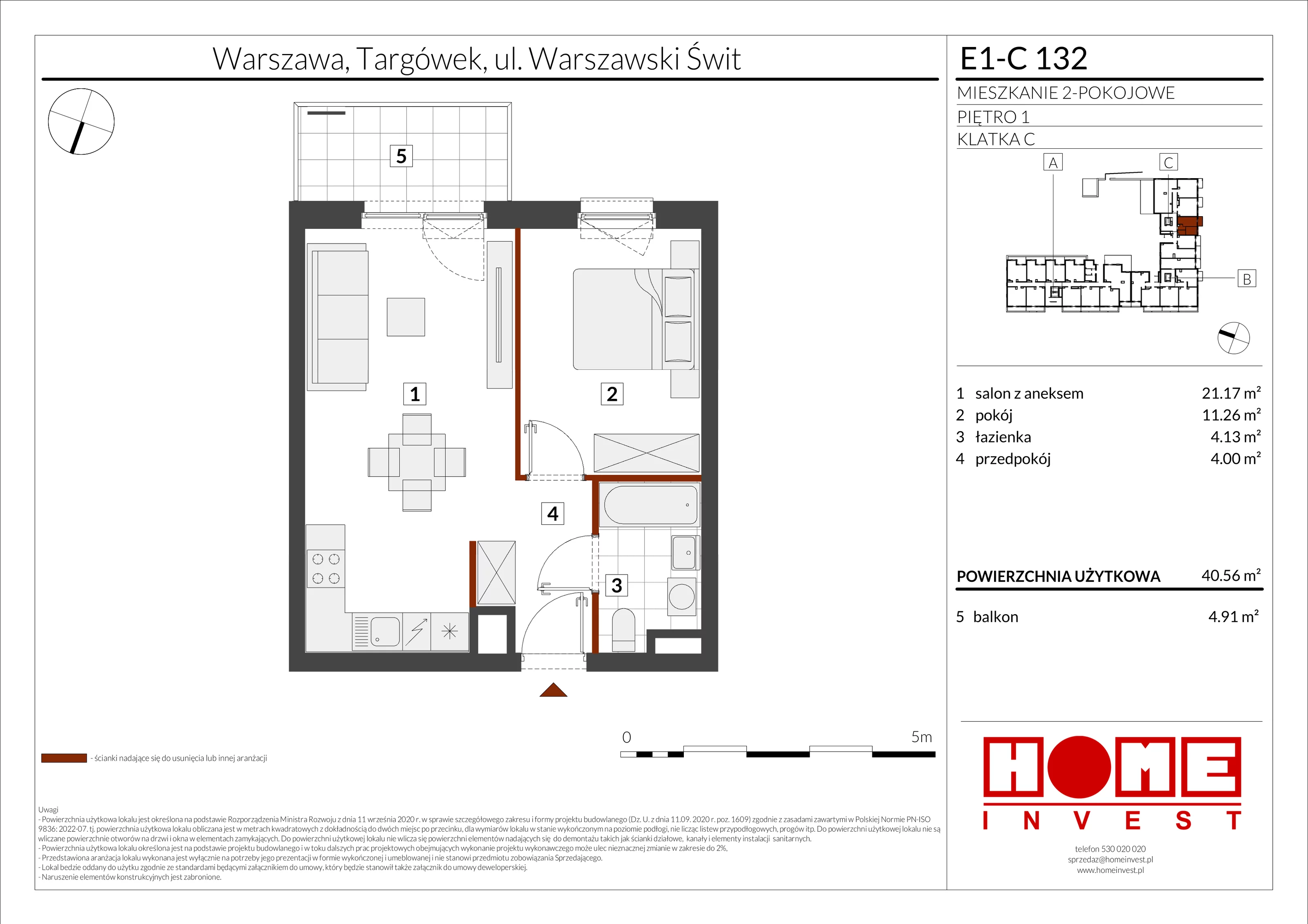 2 pokoje, mieszkanie 40,56 m², piętro 1, oferta nr E1-C132, Warszawski Świt Etap X, Warszawa, Targówek, Bródno, ul. Warszawski Świt