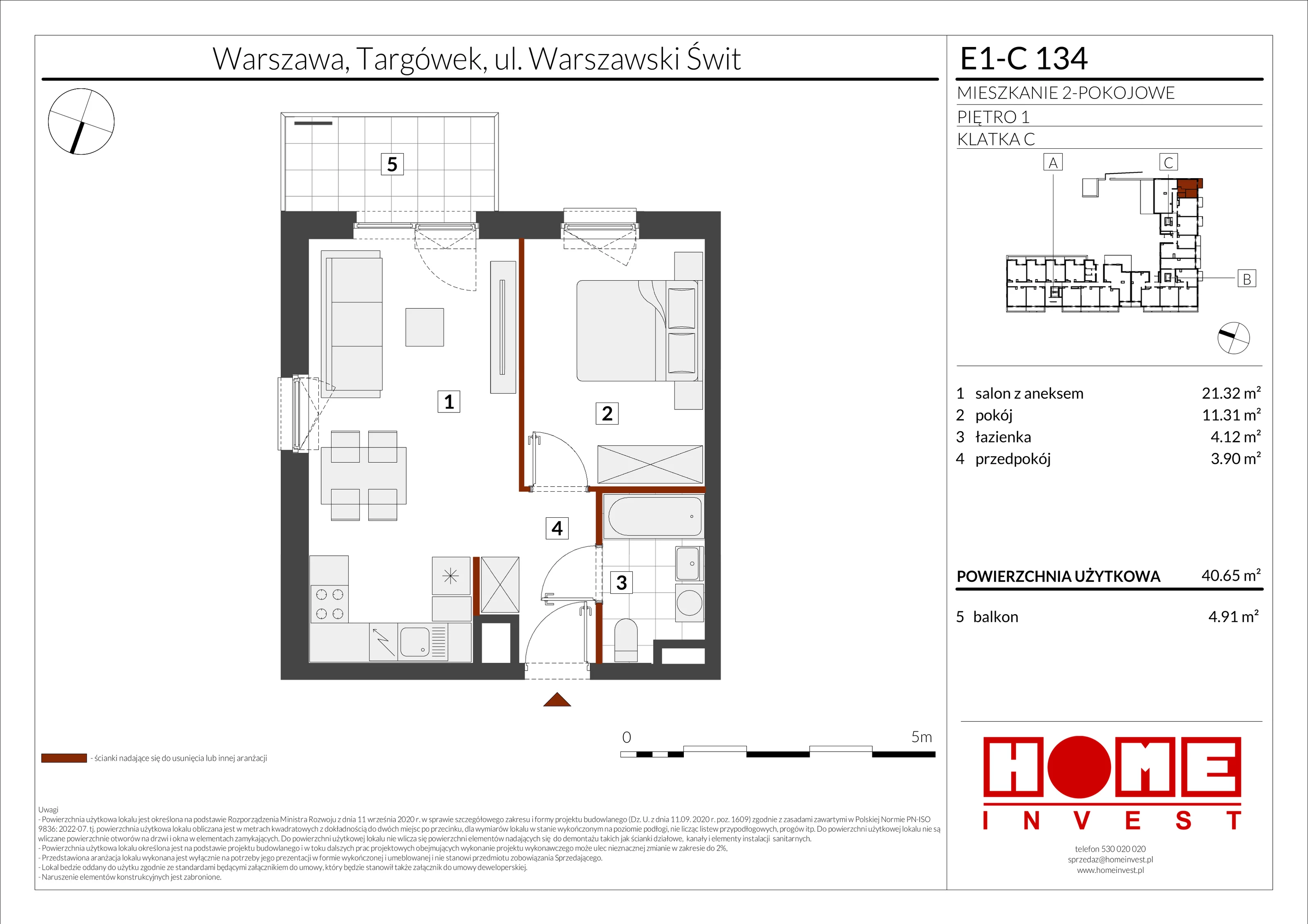 2 pokoje, mieszkanie 40,65 m², piętro 1, oferta nr E1-C134, Warszawski Świt Etap X, Warszawa, Targówek, Bródno, ul. Warszawski Świt