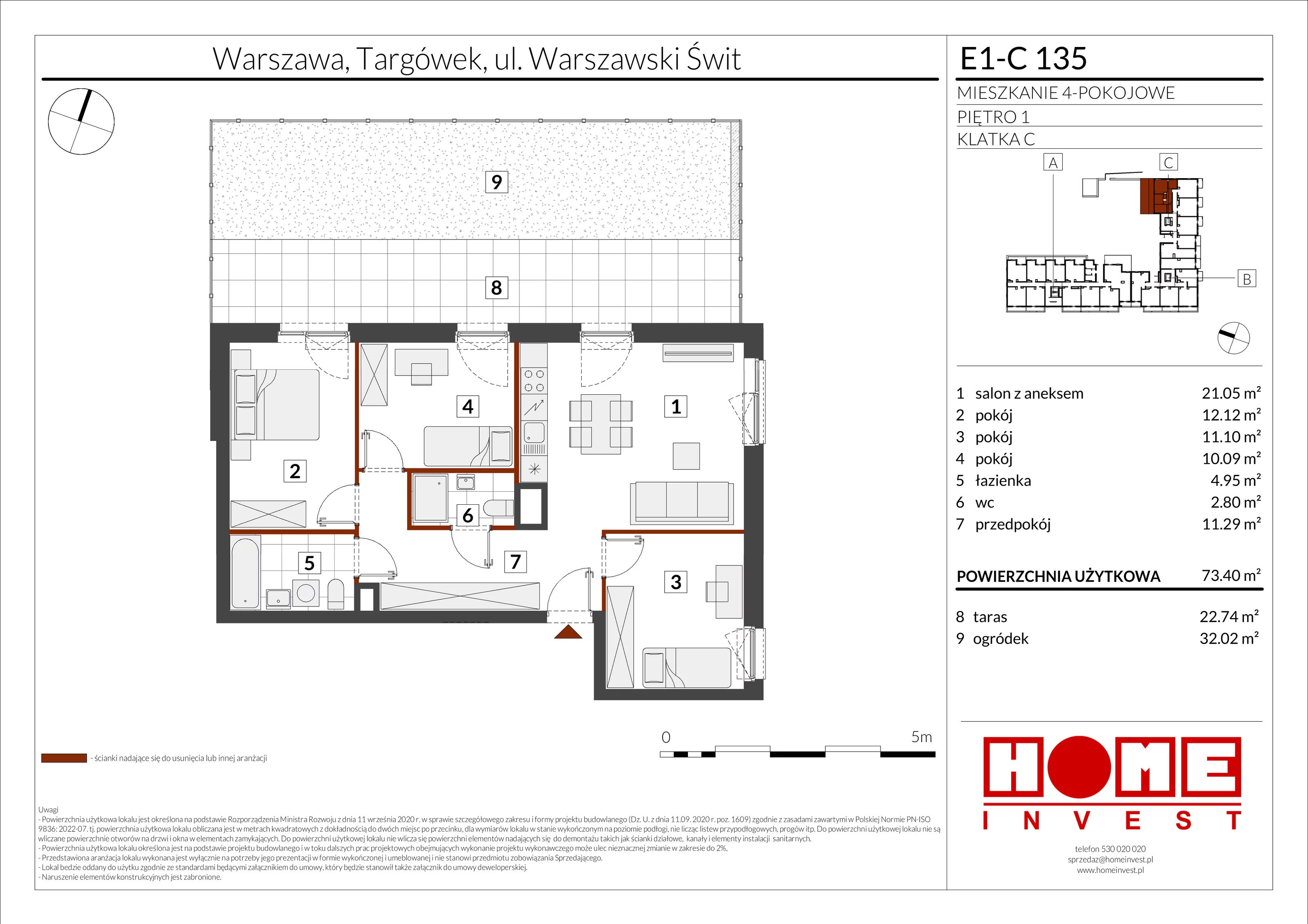 4 pokoje, mieszkanie 73,40 m², piętro 1, oferta nr E1-C135, Warszawski Świt Etap X, Warszawa, Targówek, Bródno, ul. Warszawski Świt